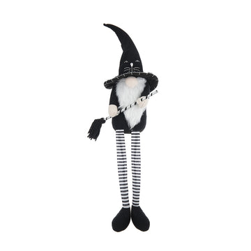 4.3X4X26.8" Fabric Sitting Black Gnome With Broomstick&Long Legs, For Halloween Decor Black White Polyester