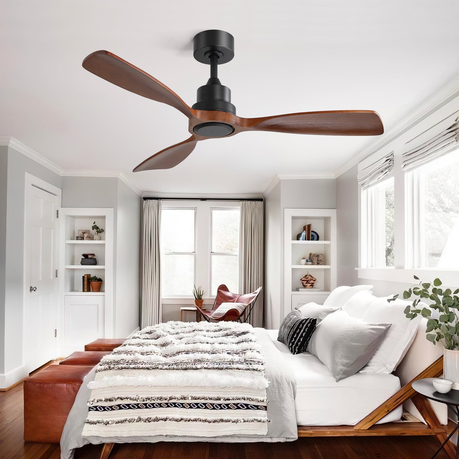 48 Inch Ceiling Fan Without Light, 3 Solid Wood Blades Indoor&Outdoor Ceiling Fan 6 Speed Reversible Dc Motor For Living Room Black Metal & Wood