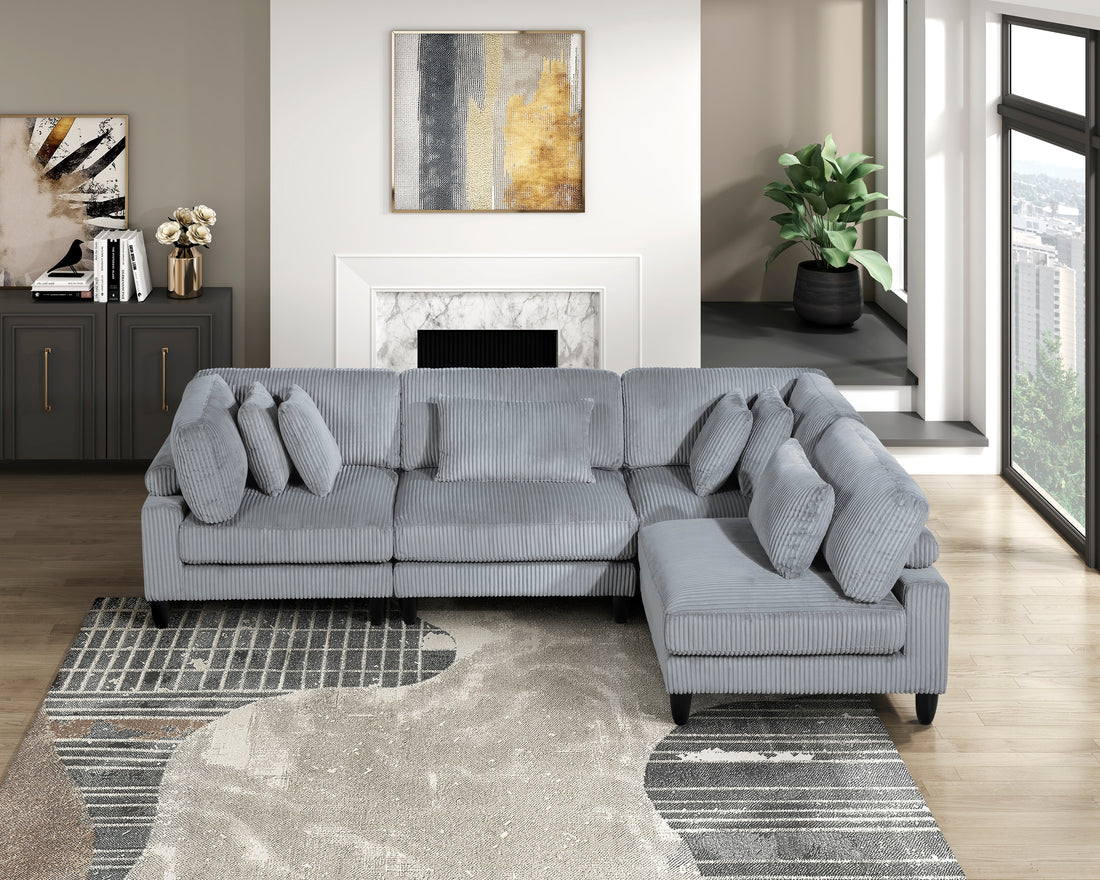 Living Room Furniture 4 Piece Modular Sectional Sofa Set Gray Corduroy Soft Cushion Pillows Solid Wood Legs Gray Primary Living Space Contemporary,Modern Plywood,Solid Wood 4 Seat
