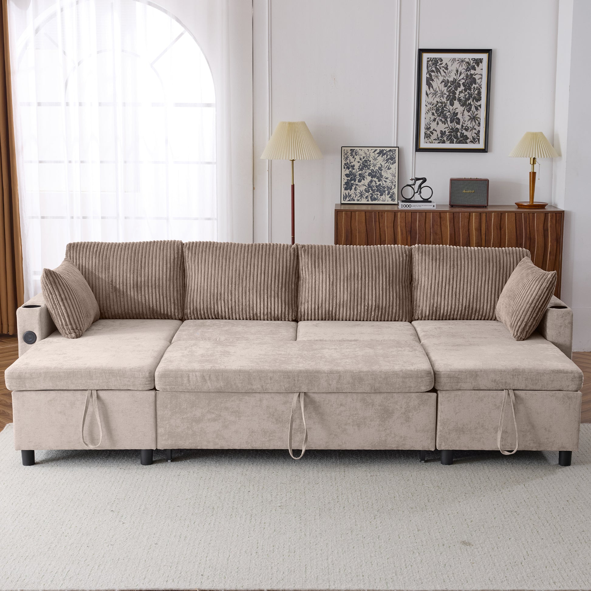 111.8" Sectional Sofa Pull Out Sofa Bed Versatile Sofa Sleeper With Large Storage Space, Two Usb Ports And Two Cup Holders For Living Room, Brown Brown Foam Chenille 4 Seat