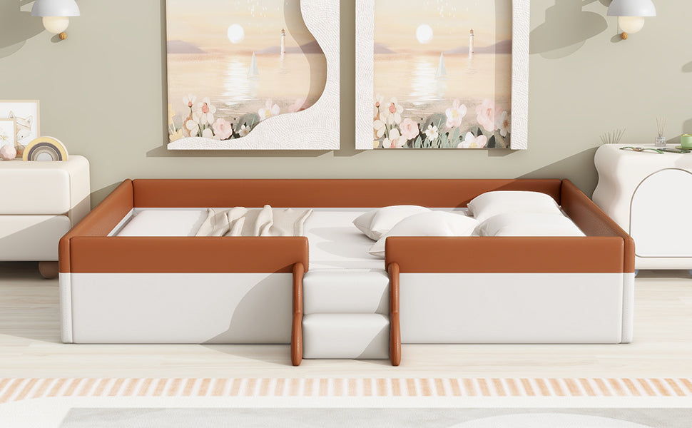 Queen Size Upholstered Daybed Frame With Fence And Stairs, Brown White Queen Brown White Mdf Lvl