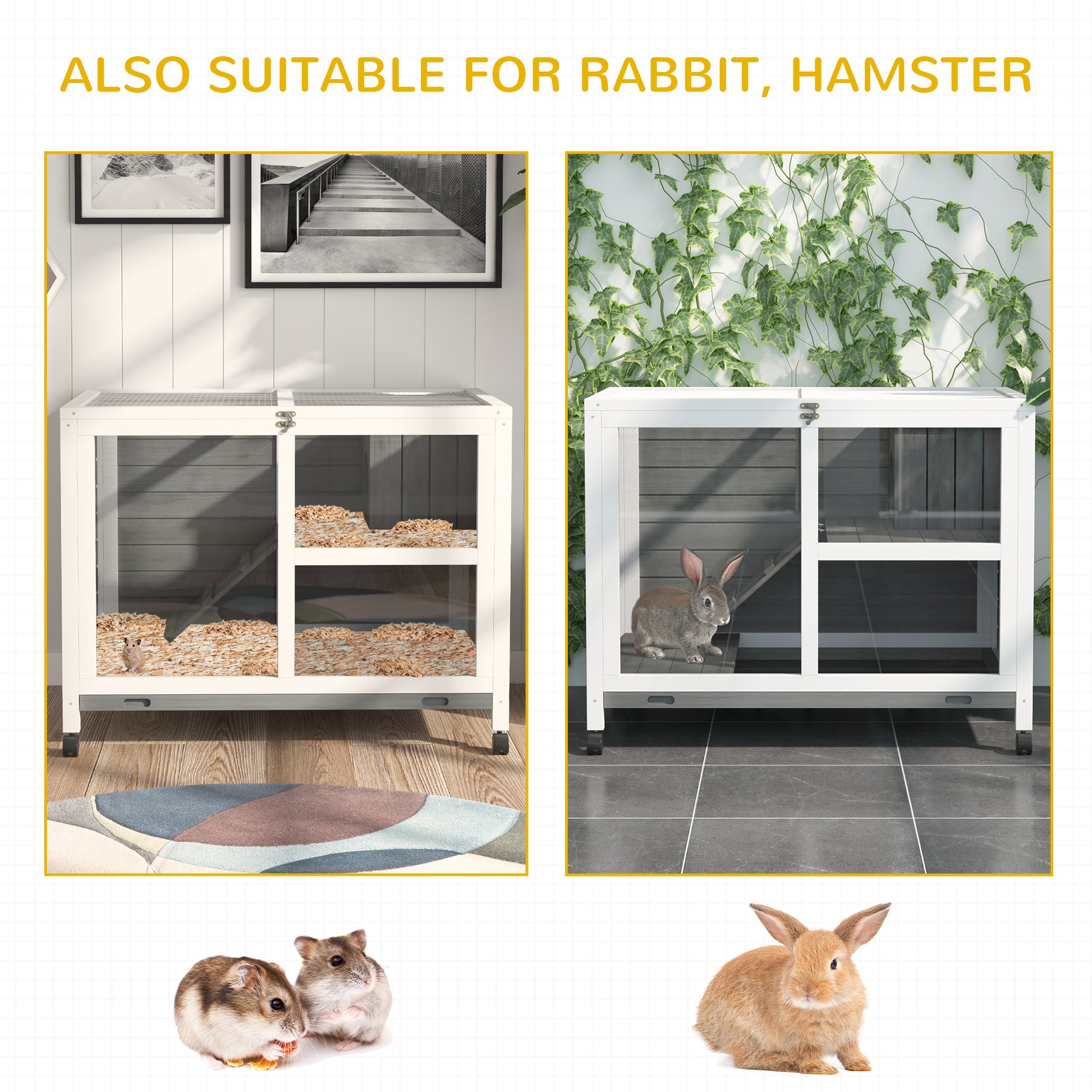 Pawhut Indoor Rabbit Hutch With Wheels, Desk And Side Table Sized, Wood Rabbit Cage, Waterproof Small Rabbit Cage, Gray Grey Wood