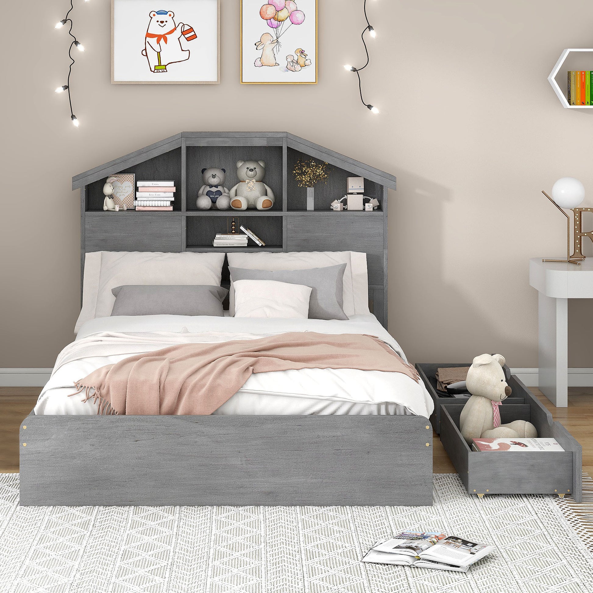 Full Size Wood Platform Bed With House Shaped Storage Headboard And 2 Drawers, Gray Box Spring Not Required Full Gray Wood Bedroom Solid Wood Mdf