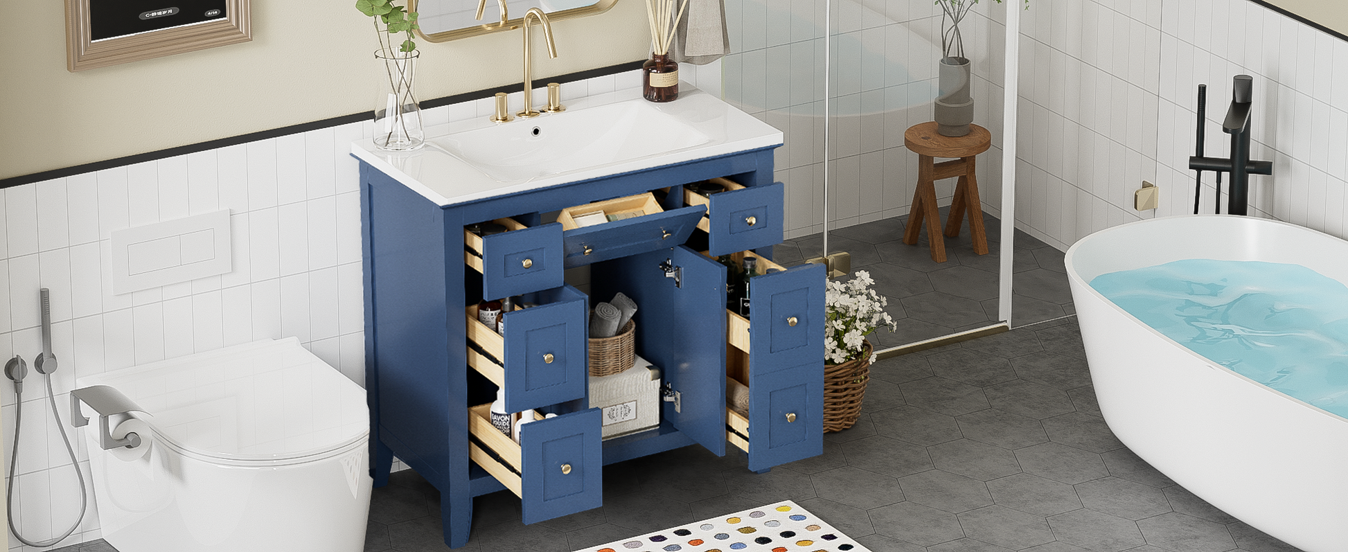 36'' Bathroon Vanity With Resin Sink Combo Set, Modern Freestanding Single Bathroom Cabinet With 6 Drawers & 2 Cabinets, Storage Cabinet For Bathroom, Solid Wood Frame Vanity Set, Blue 4 Blue 2 2 Bathroom Freestanding Solid Wood Mdf Resin Painted