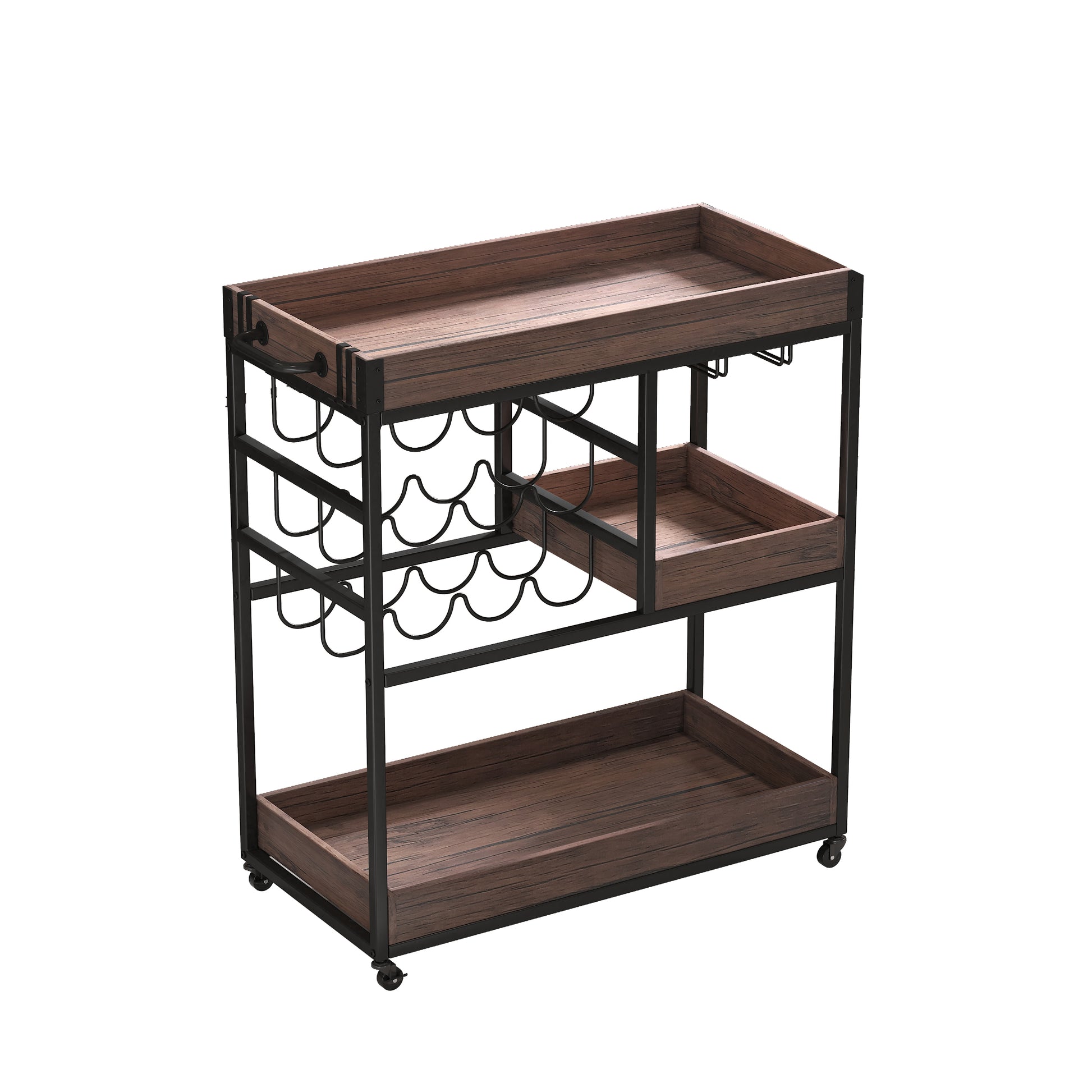 3 Tier Industrial Rolling Serving Cart With Lockable Wheels, Wine Rack Cart With Glass Holder For Indoor And Outdoor, Beverage Trolley Cart With 2 Removable Tray Antique Brown Brown Kitchen