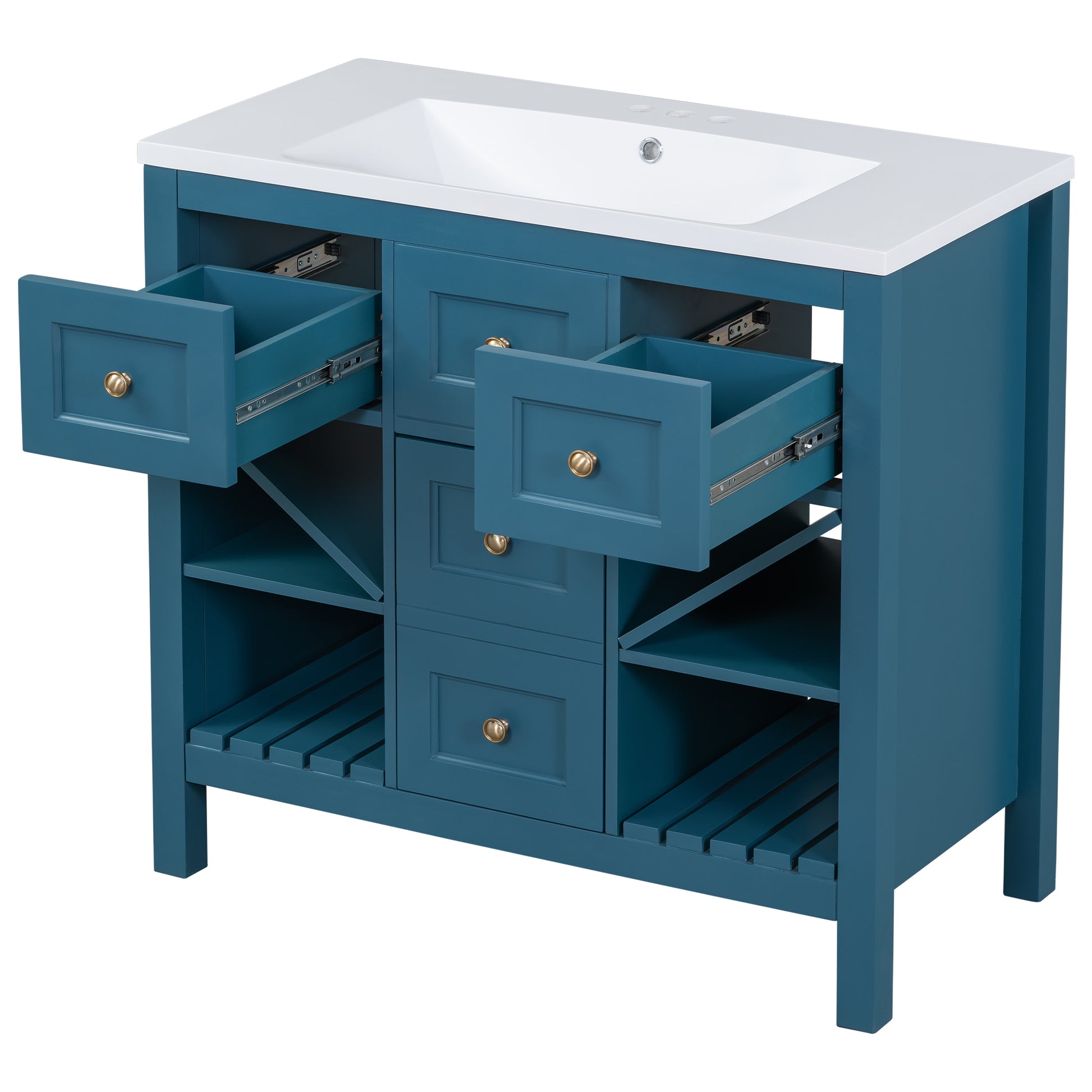 36'' Bathroom Vanity With Resin Sink Combo, Solid Wood Frame Bathroom Storage Cabinet, Freestanding Vanity Set With 5 Drawers& Soft Closing Doors Same As N710S136001C Blue Bathroom Solid Wood Mdf Resin