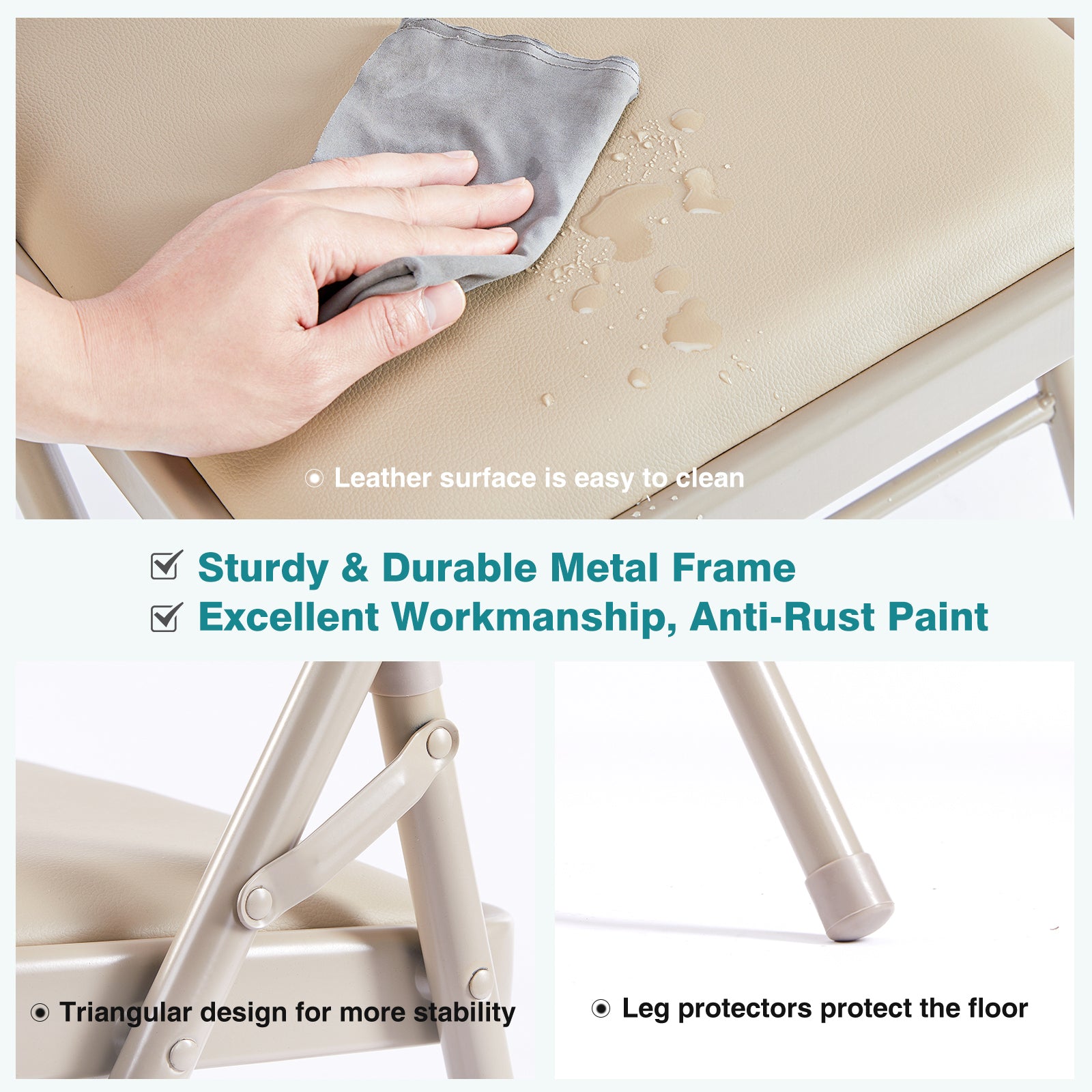 Folding Chair 2 Pack, Leather Padded Folding Chairs, Sturdy Metal Foldable Chairs, For Home, Office, Party, Khaki 2 Pack Khaki Stainless Steel