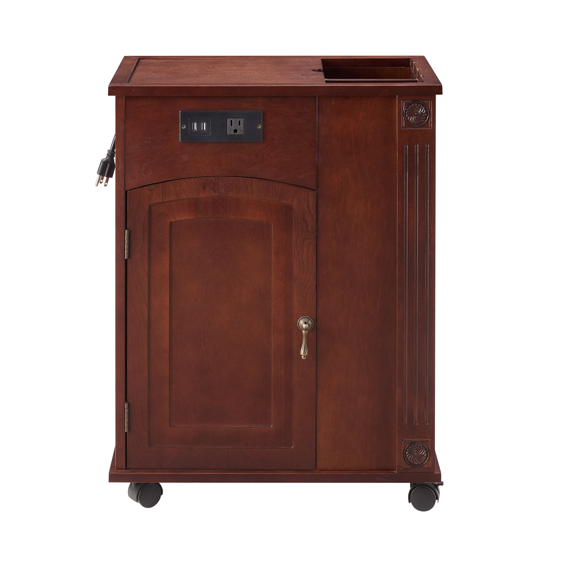 Powered Traditional End Table With Charging Station, Narrow Side Table With Usb Ports And Outlets, Nightstand With Storage, Bedside Tables With Wheels For Living Room, Bedroom,Red Walnut Walnut