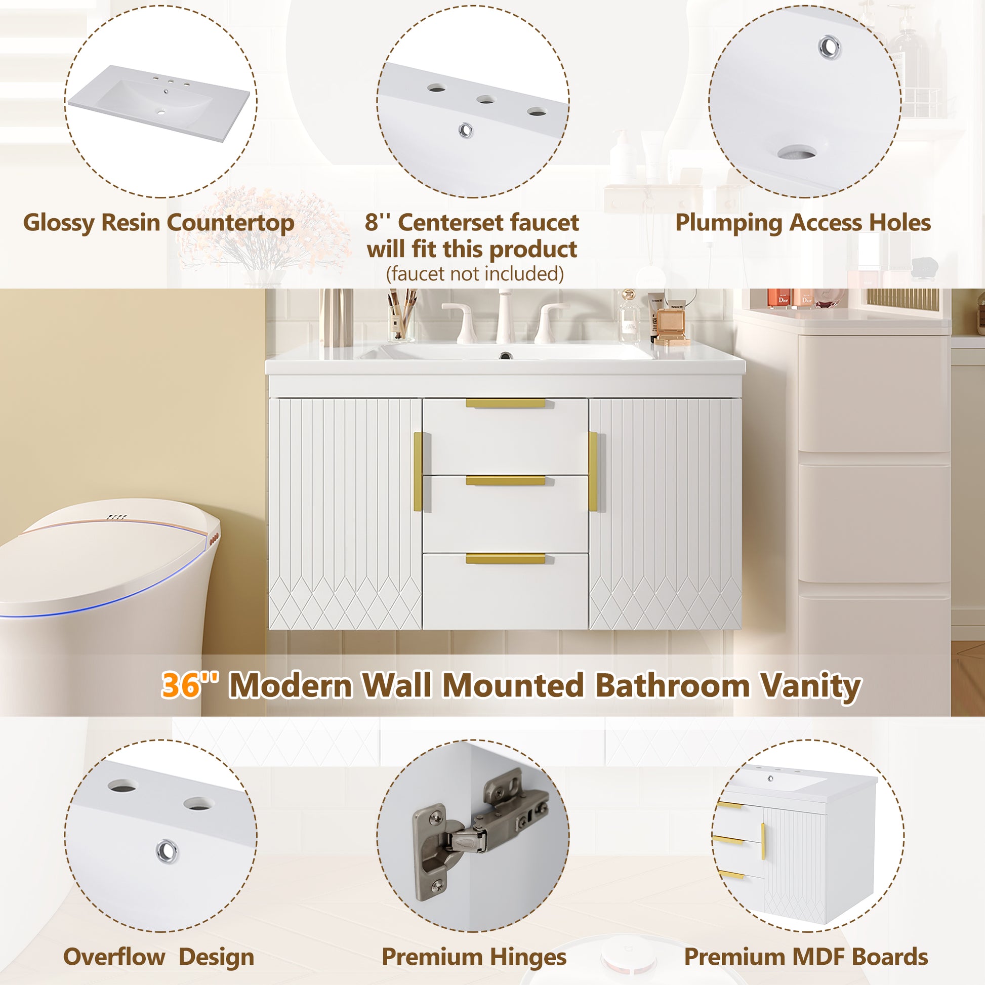 36'' Wall Mounted Bathroom Vanity With Resin Sink, Floating Bathroom Storage Cabinet With 2 Drawers, Solid Wood Bathroom Cabinet White Bathroom Modern Mdf