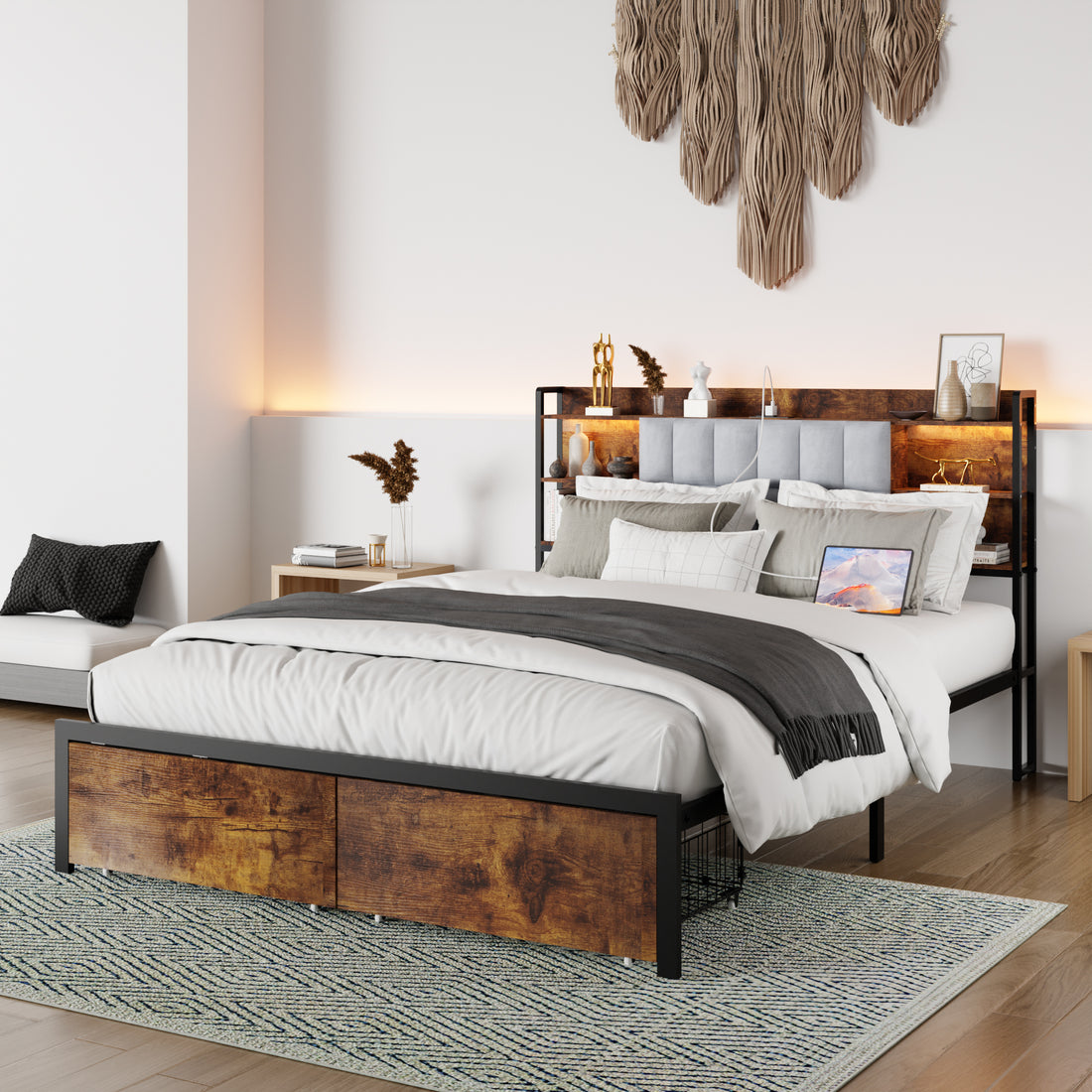 Queen Size Bed Frame With 2 Storage Drawers And Led Lights Headboard, Upholstered King Bed Frame With Charging Station, No Box Spring Needed, Easy Assembly Box Spring Not Required Queen Dark Brown Metal Bedroom Modern Bed Frame Velvet Mdf Metal