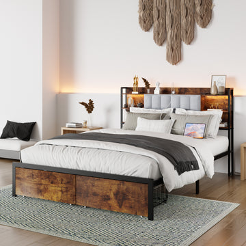 Queen Size Bed Frame With 2 Storage Drawers And Led Lights Headboard, Upholstered King Bed Frame With Charging Station, No Box Spring Needed, Easy Assembly Box Spring Not Required Queen Dark Brown Metal Bedroom Modern Bed Frame Velvet Mdf Metal