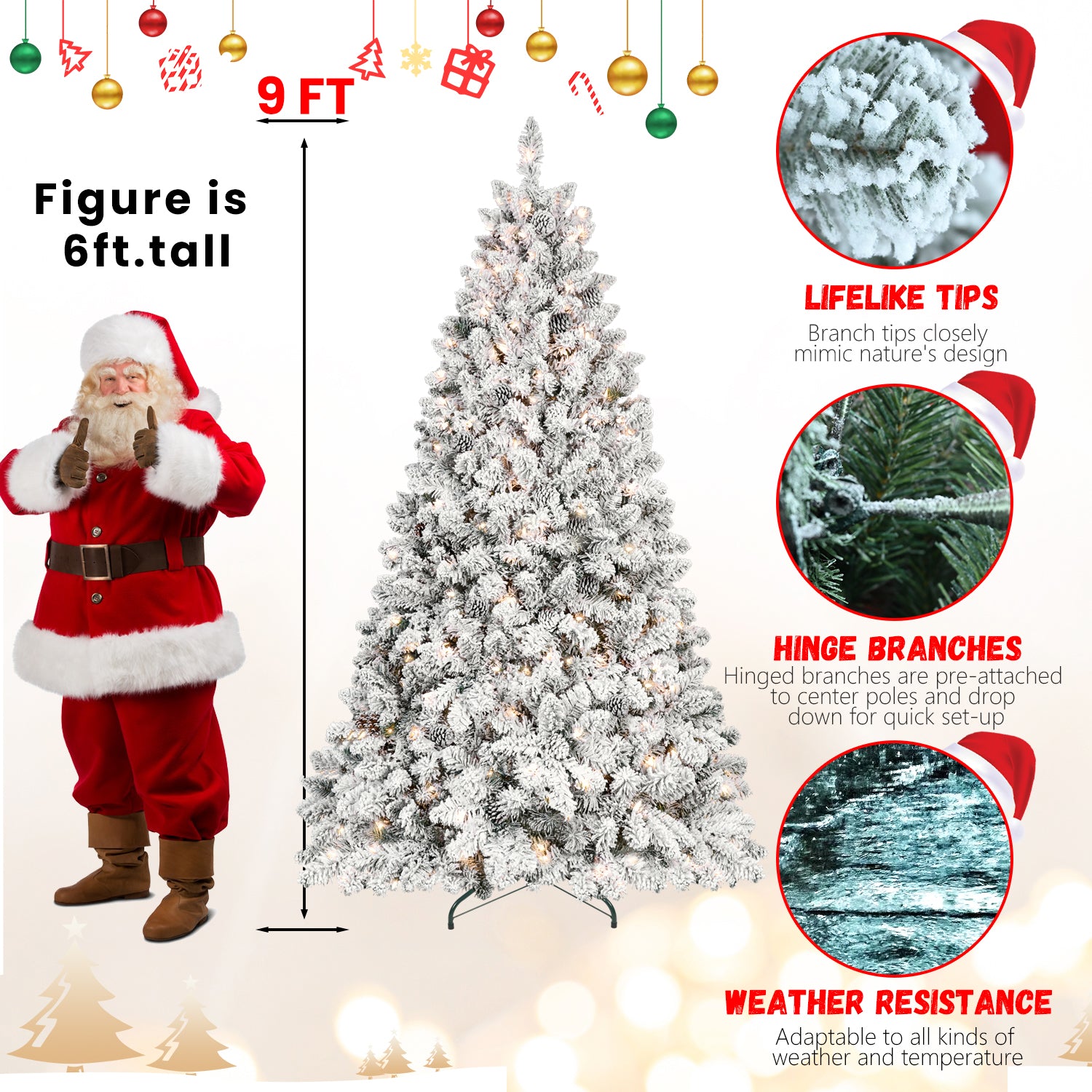 8Ft Snow Flocked Artificial Christmas Tree With Pine Cones, Prelit Xmas Trees, Hinged Easy Assembly & Reinforced Metal Base Ideal For Indoor & Outdoor Festive Decorations White Polyvinyl Chloride