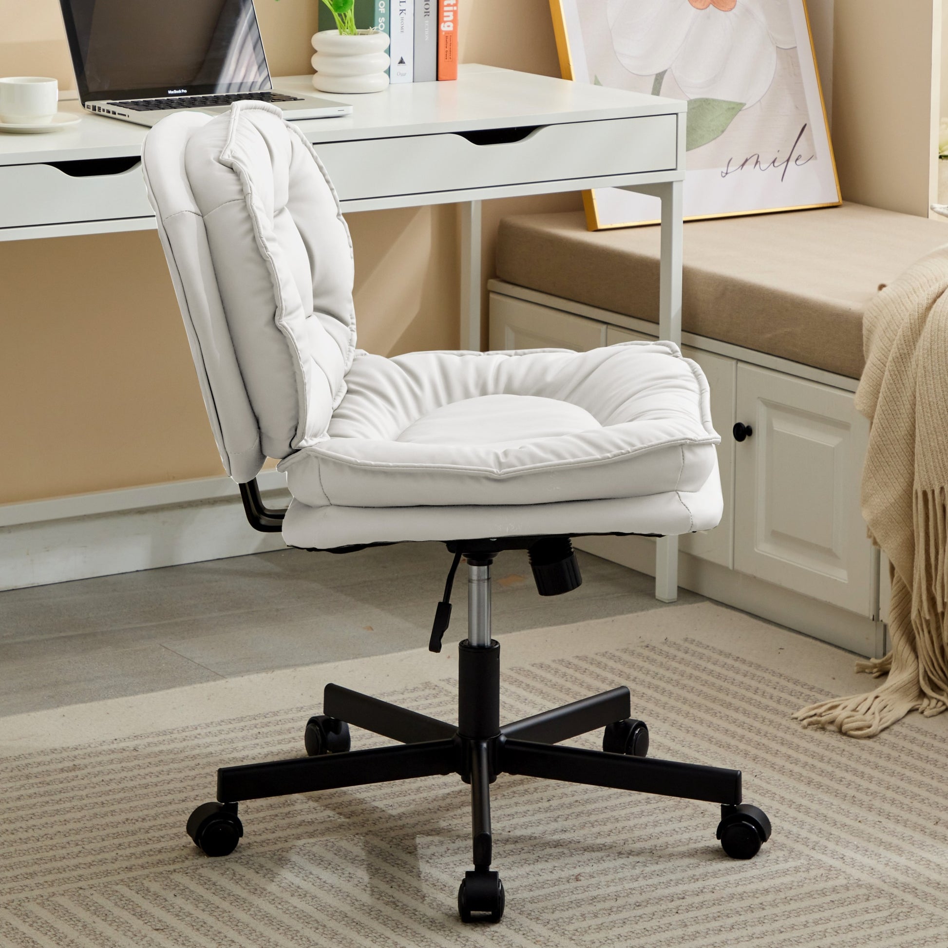 Armless Office Desk Chair With Wheels: Pu Leather Cross Legged Wide Chair,Comfortable Adjustable Swivel Computer Task Chairs For Home,Office,Make Up,Small Space,Bed Room Creamy White Antique Fiber Foam And Polyester Fiber Pad Pvc