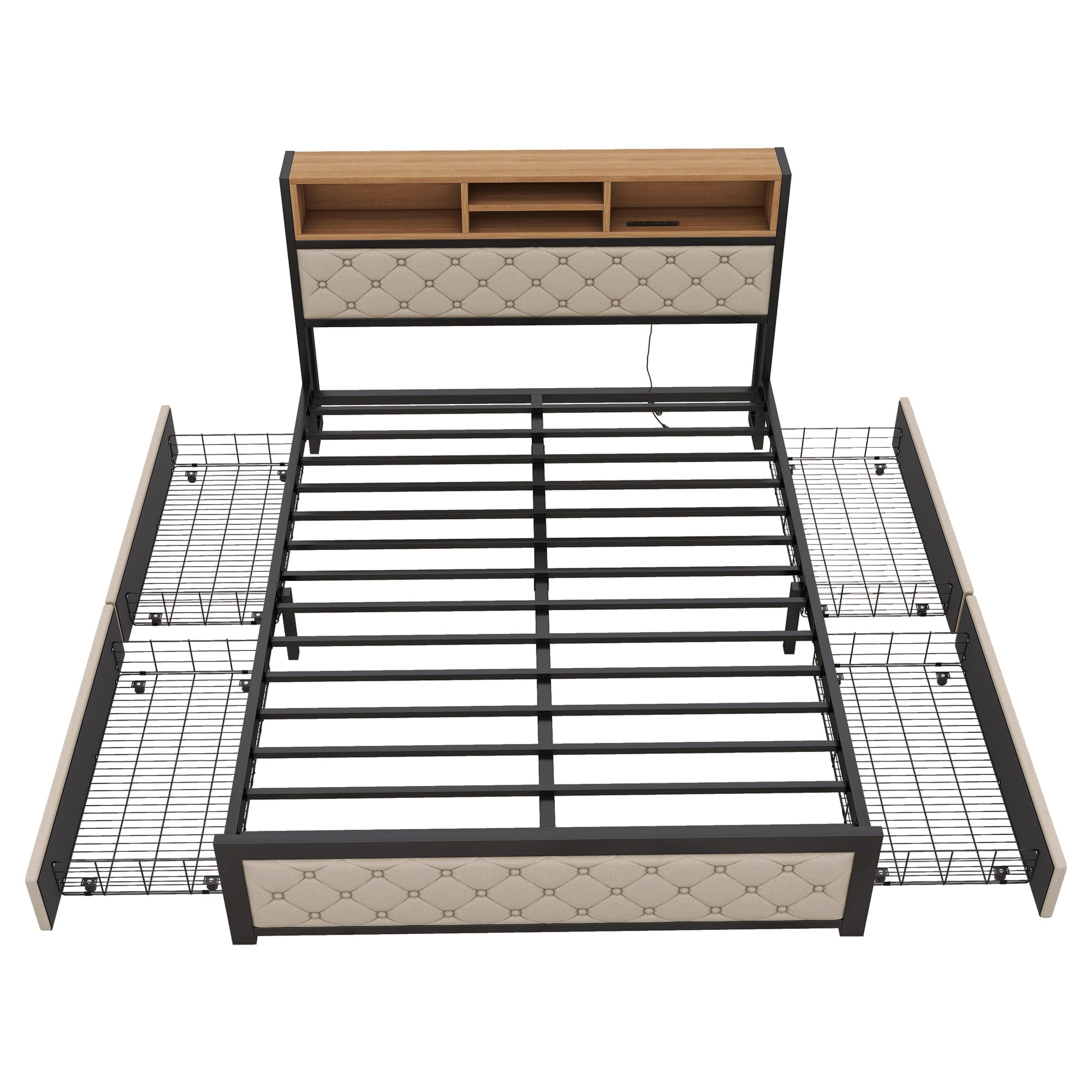 Metal Queen Size Platform Bed With 4 Drawers, Upholstered Headboard And Footboard, Sockets And Usb Ports, Beige Queen Beige Black Fabric Metal