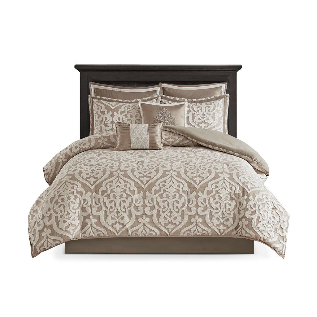 8 Piece Jacquard Comforter Set Tan Ivory Queen Queen Tan Ivory Polyester