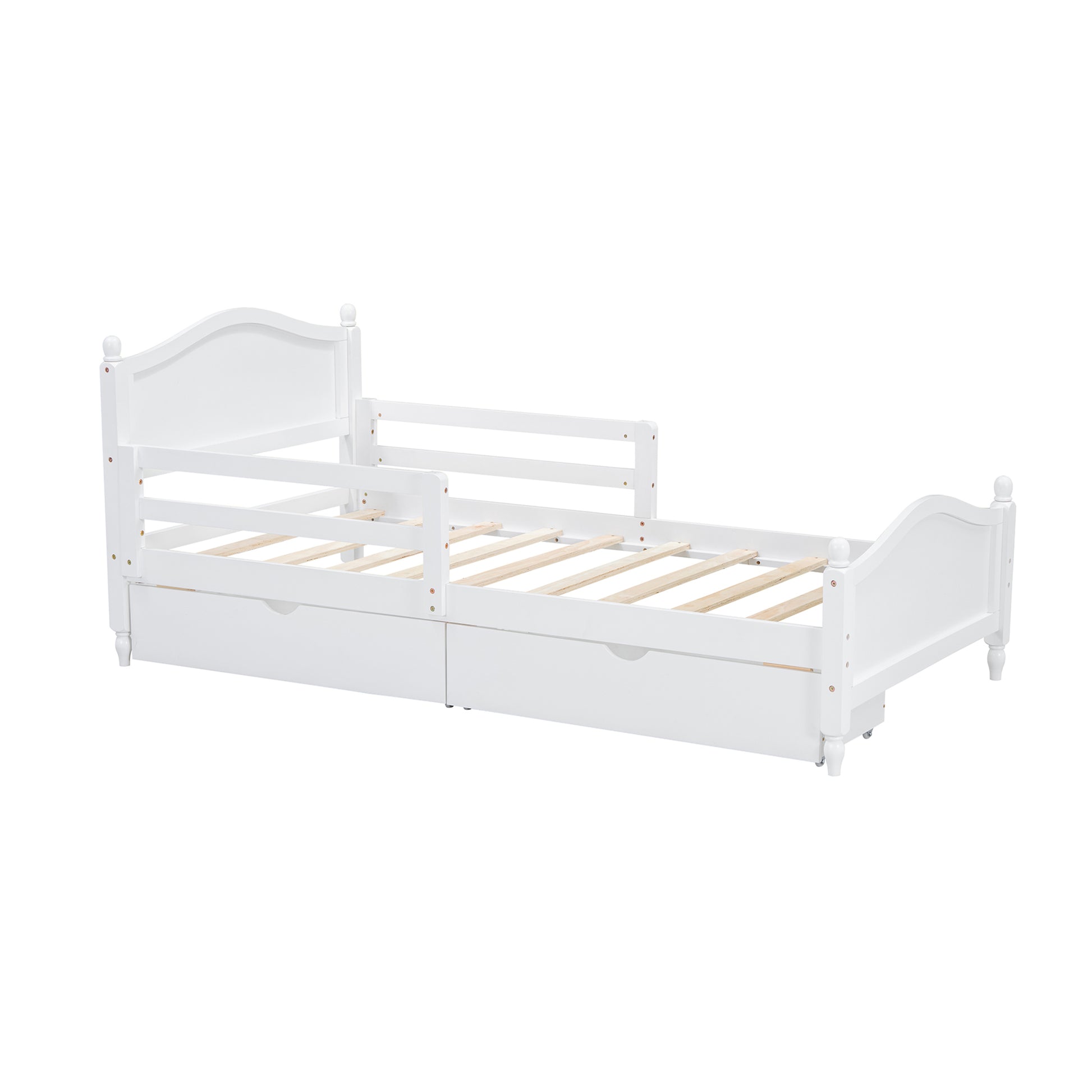 Twin Size Wood Platform Bed With Guardrails On Both Sides And Two Storage Drawers ,White Twin White Wood