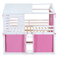 Full Size Bunk Wood House Bed With Tent, Pink White Full Pink White Solid Wood Mdf