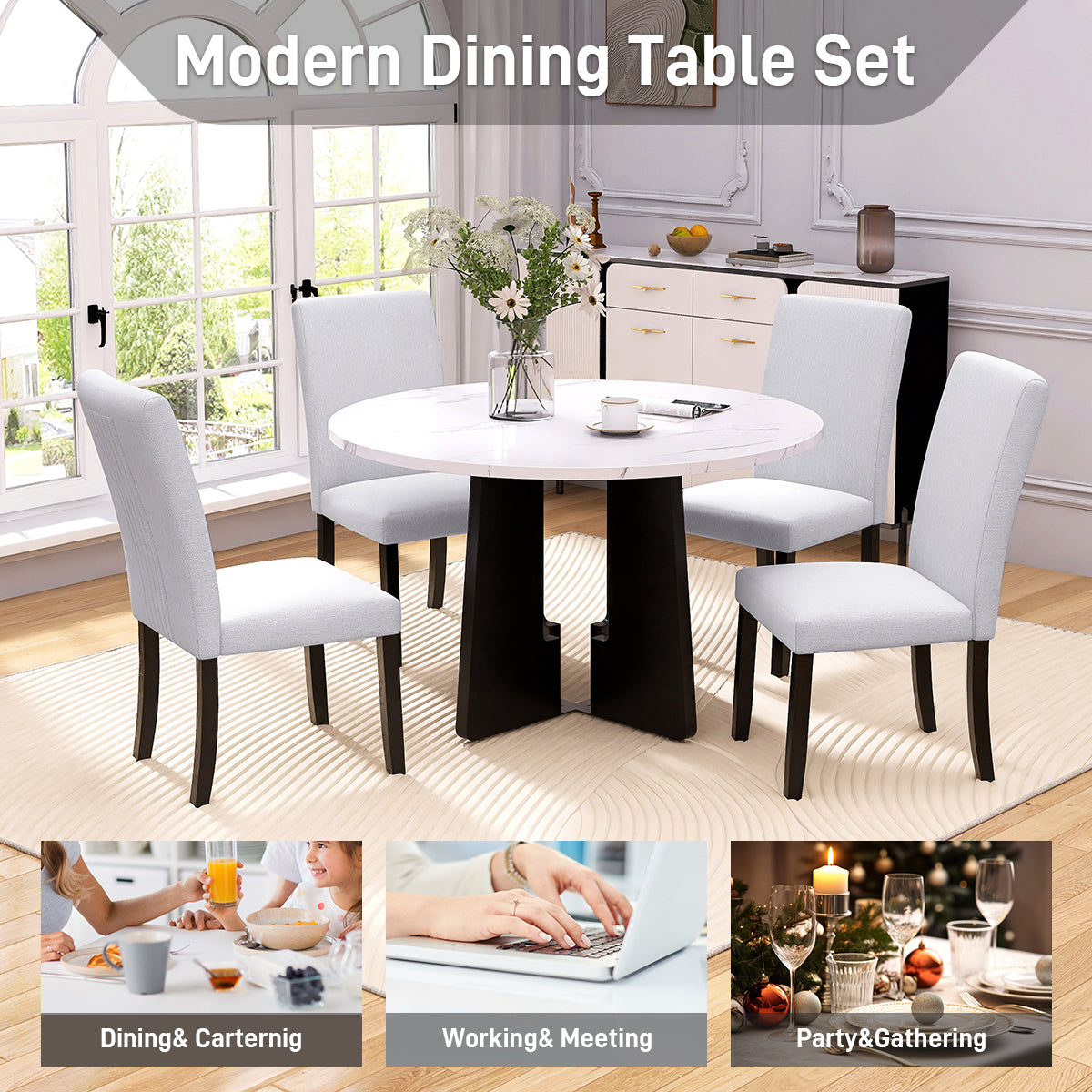 5 Piece Round Dining Table Set, 43 Inch Modern Dining Table And 4 Upholstered Chairs For Dining Room, Kitchen Room, Living Room, Easy Assembly Upholstered Chair Beige White Dining Room American Design,Farmhouse,Mid Century Modern,Modern Round Round