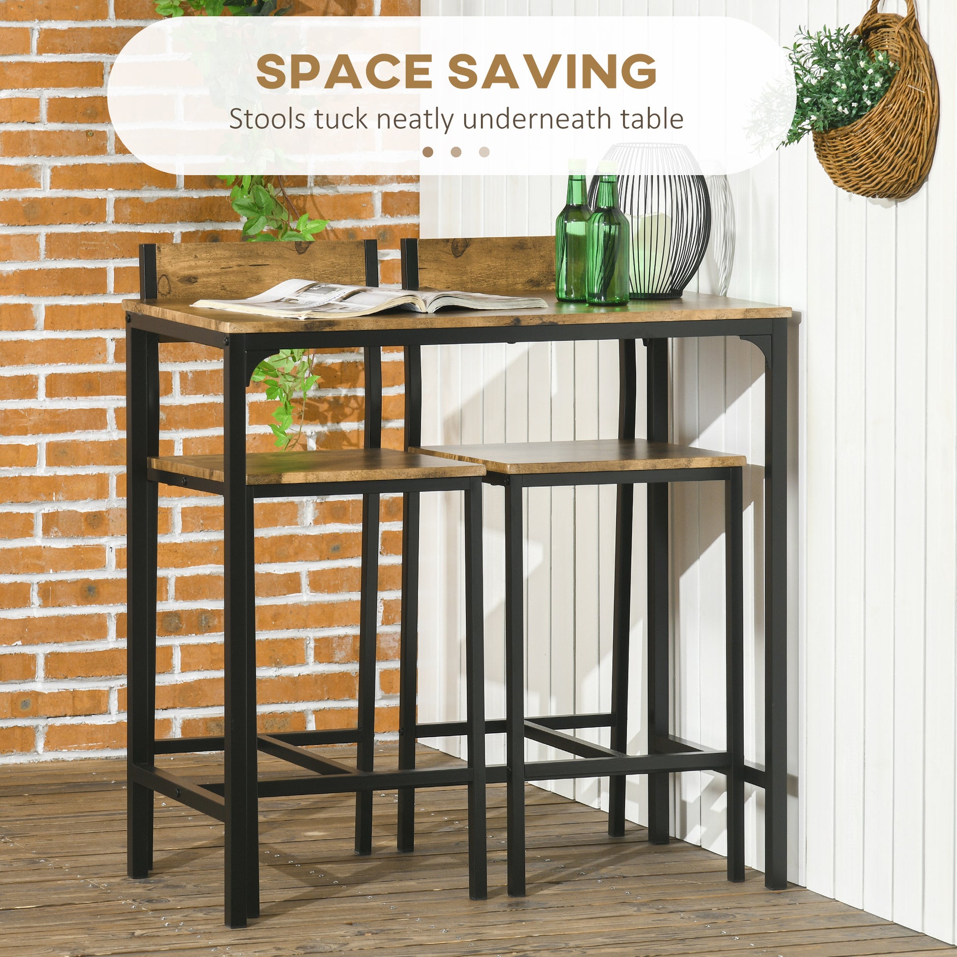 Homcom 3 Piece Bar Table And Chairs, Industrial Dining Table Set For 2, Counter Height Kitchen Table With Bar Stools, Breakfast Table Set For 2 For Small Space, Rustic Brown Rustic Brown Mdf