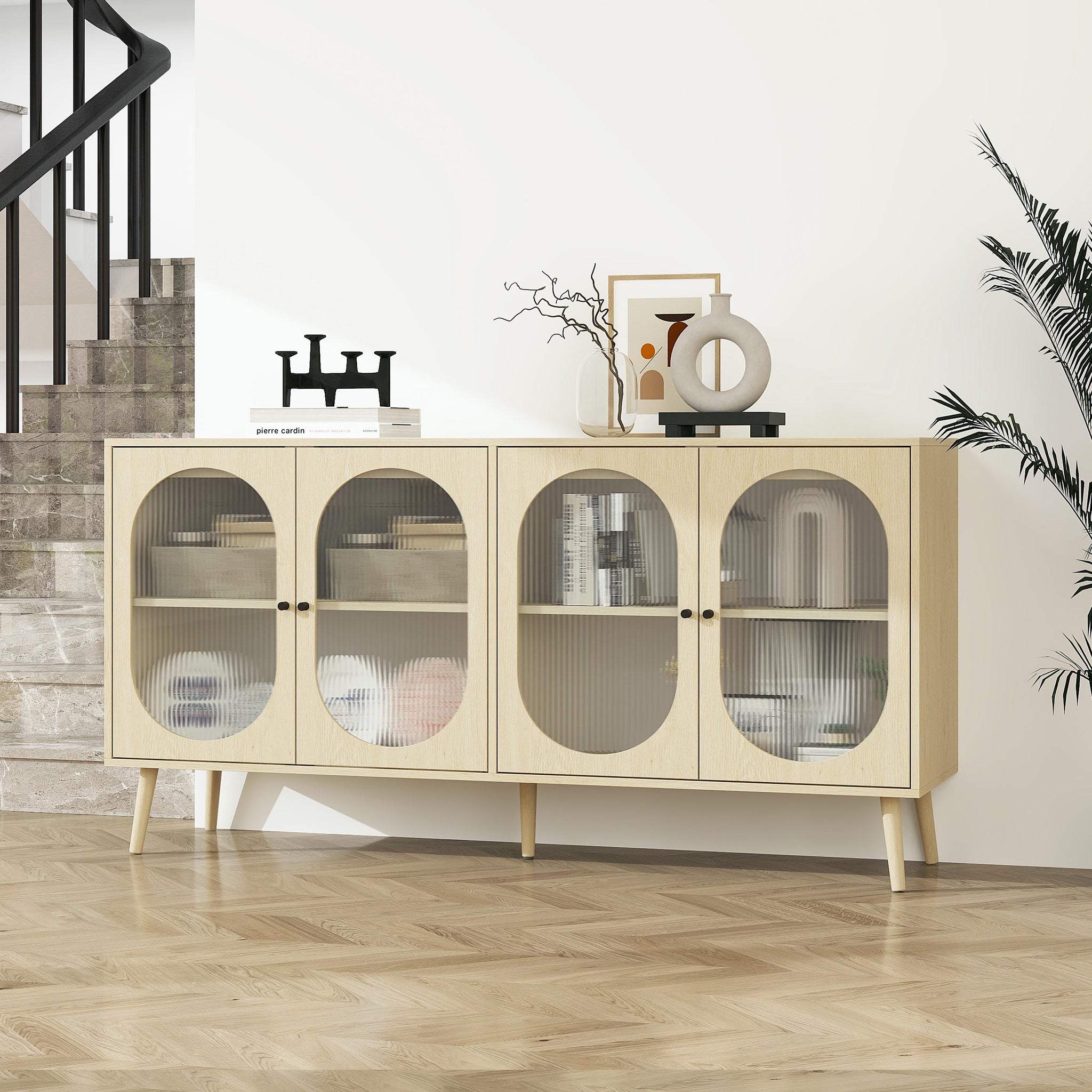 4 Door Cabinet, Sideboard Accent Cabinet, Storage Cabinet For Living Room, Hallway Entryway Kitchen Natural Wood Mdf