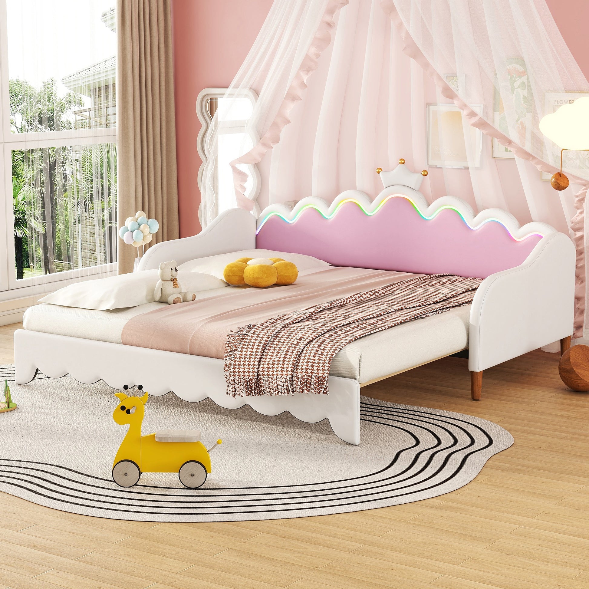 Twin Extending Daybed With Led Lights, Modern Upholstered Princess Daybed With Crown Headboard,White Twin White Wood