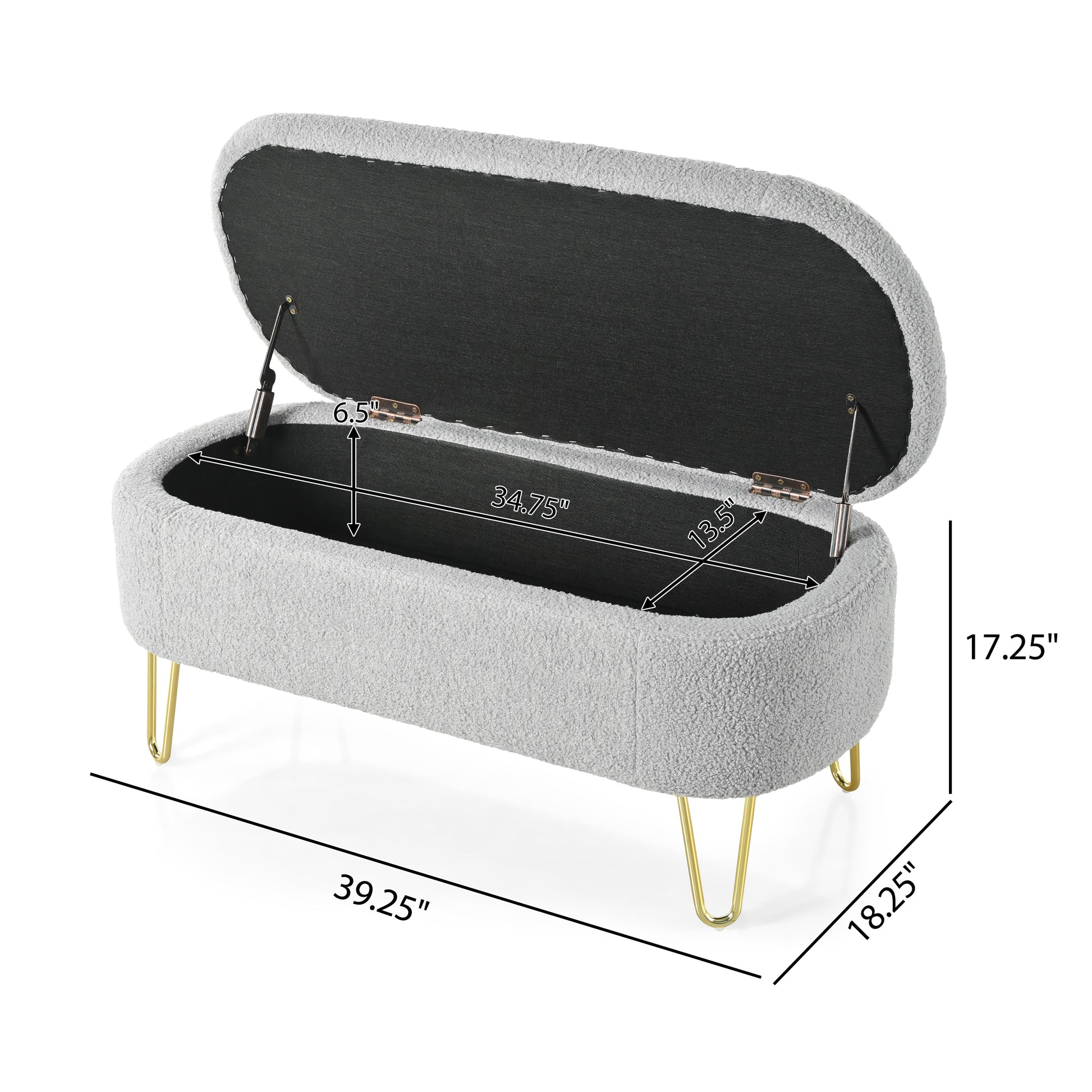 Oval Storage Bench For Living Room Bedroom End Of Bed, Upholstered Storage Ottoman Entryway Bench With Metal Legs,Grey Wood Primary Living Space Solid Grey Pine With Storage Grey Polyester Polyester Or Polyester Blend Backless Modern Oval Flip Top