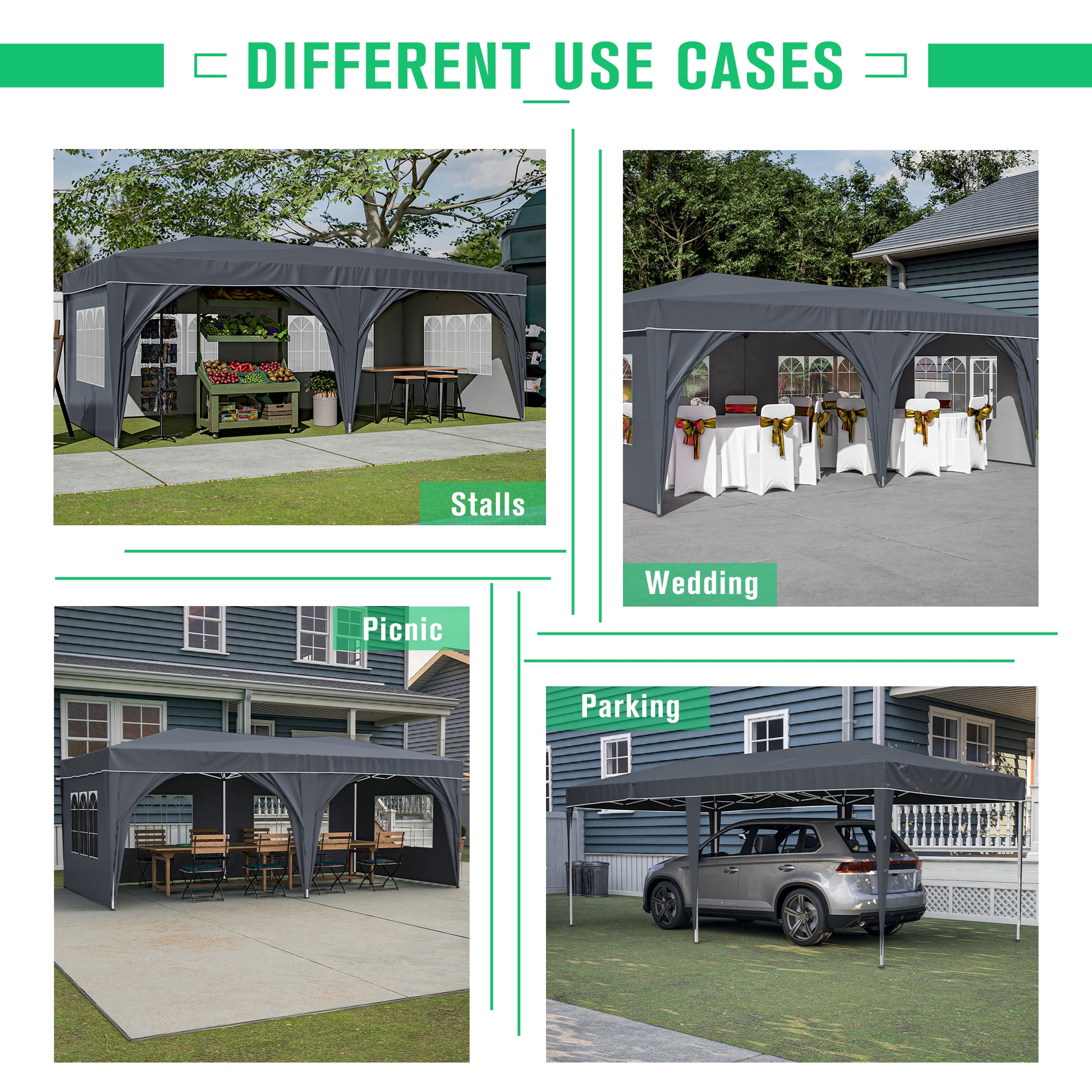 10'X20' Pop Up Canopy Tent With 6 Sidewalls, Ez Pop Up Outdoor Canopy For Parties, Waterproof Commercial Tent With 3 Adjustable Heights, Carry Bag, 6 Sand Bags, 6 Ropes And 12 Stakes, Gray Gray