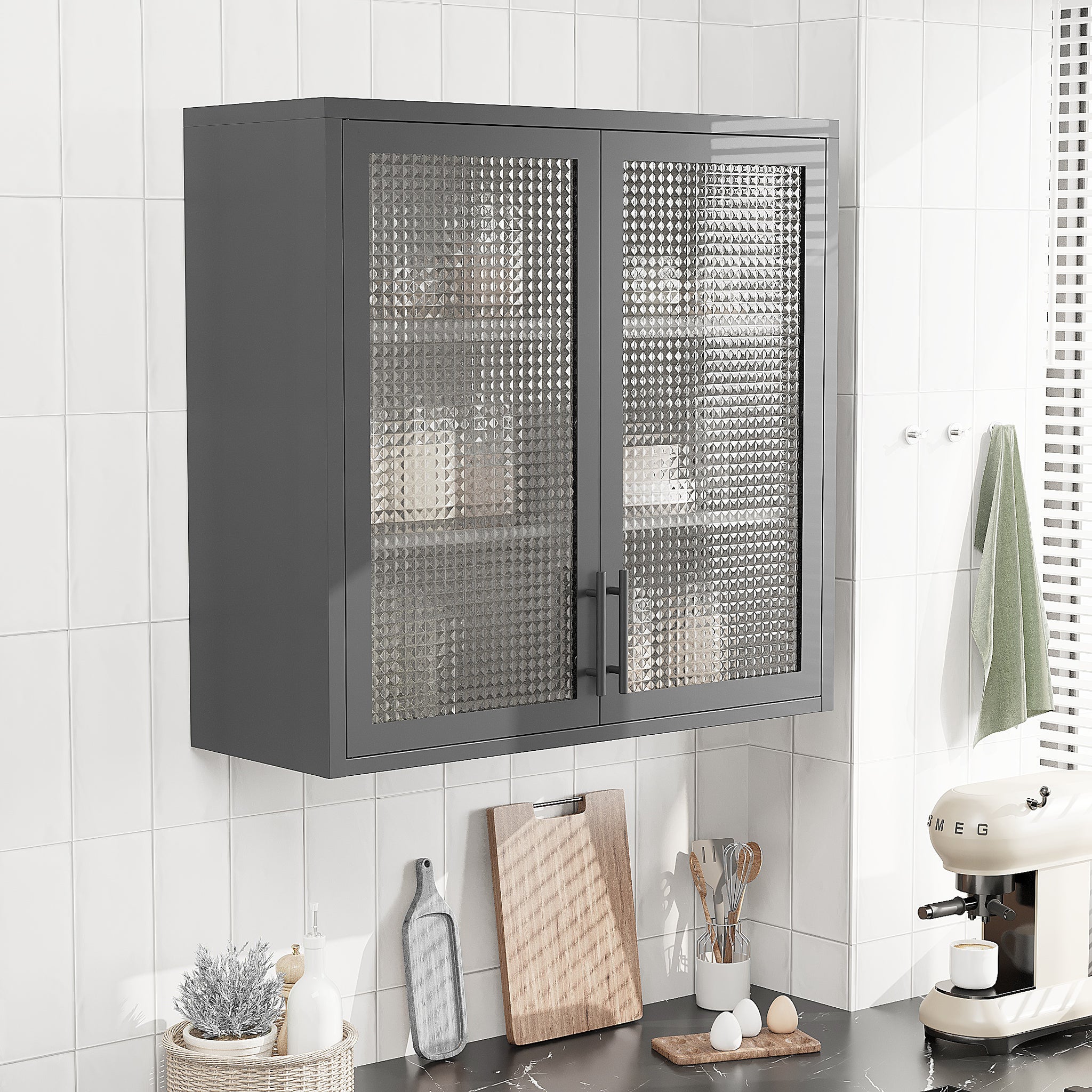 Retro Style Wall Mounted Cabinet Table Top Storage Cabinet With Hazy Glass Doors And 2 Adjustable Shelves For Bathroom Kitchen Living Room Kitchen Hallway Black Outdoor Paint, Waffle Grids Glass Square 3 4 Shelves Powder Coated Black Kitchen Glass Doors