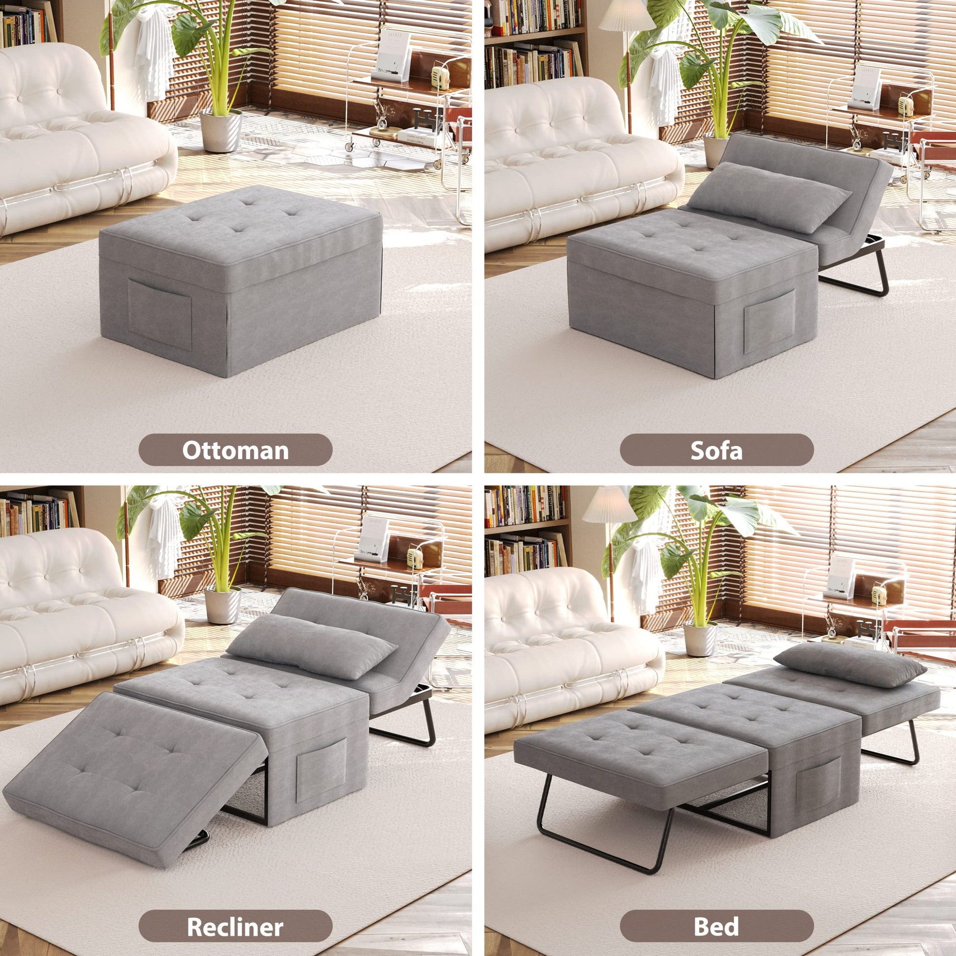 Sofa Bed,Chair Bed,Sleeper Couch,4 In 1 Multi Function Folding Ottoman Bed With Slide Storagepocket For Living Room,Bedroom,Hallway,Light Grey Light Gray Espresso Bedroom Mid Century Modern Oak Upholstered Fabric
