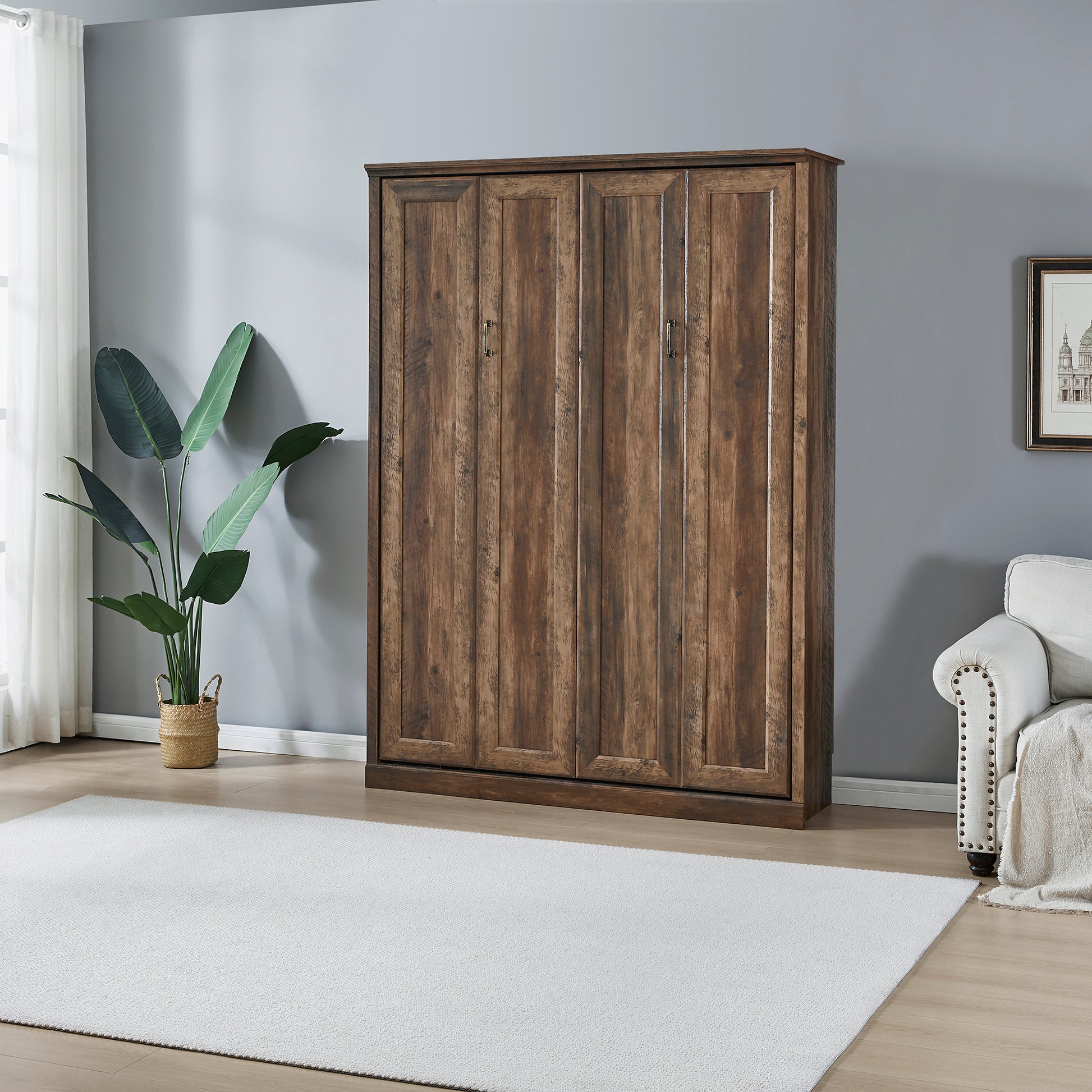 Full Size Half Self Close And Open Murphy Bed Cabinet Space Saving Bed Perfect For Guest Room, For Bed Room, Guest Room, Home Office, Brown Box Spring Not Required Full Brown Wood White Pine Murphy Pine