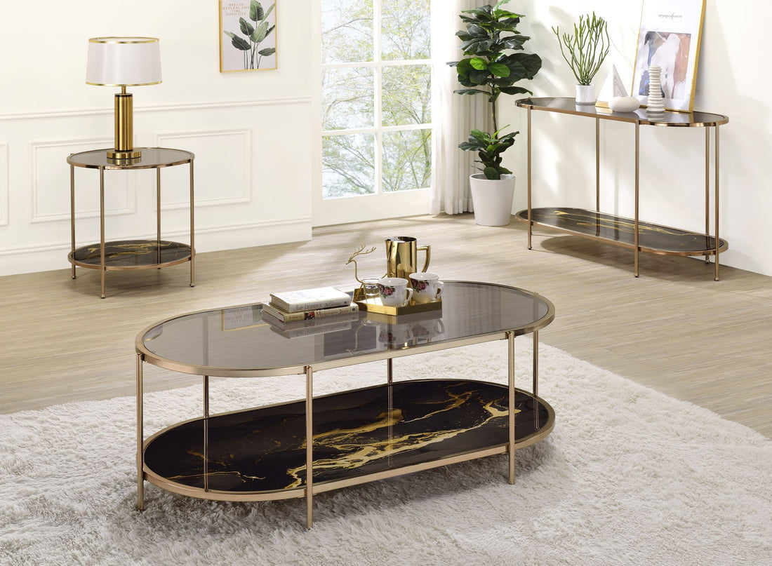 Fiorella Coffee Table, Glass, Black Marble Paint & Gold Finish Lv02222 Gold Metal