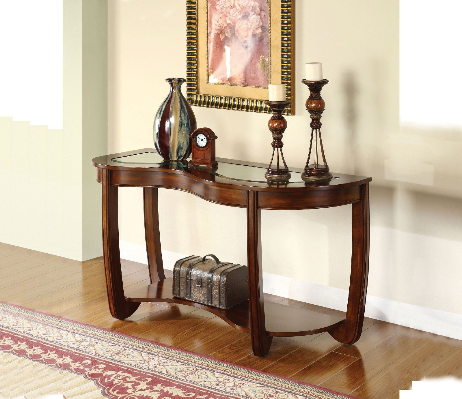 Dark Cherry 1Pc Sofa Table Open Bottom Shelf Glass Insert Top Cocktail Table Living Room Furniture Brown,Cherry Brown Primary Living Space Classic,Contemporary,Luxury,Traditional Rubberwood Open