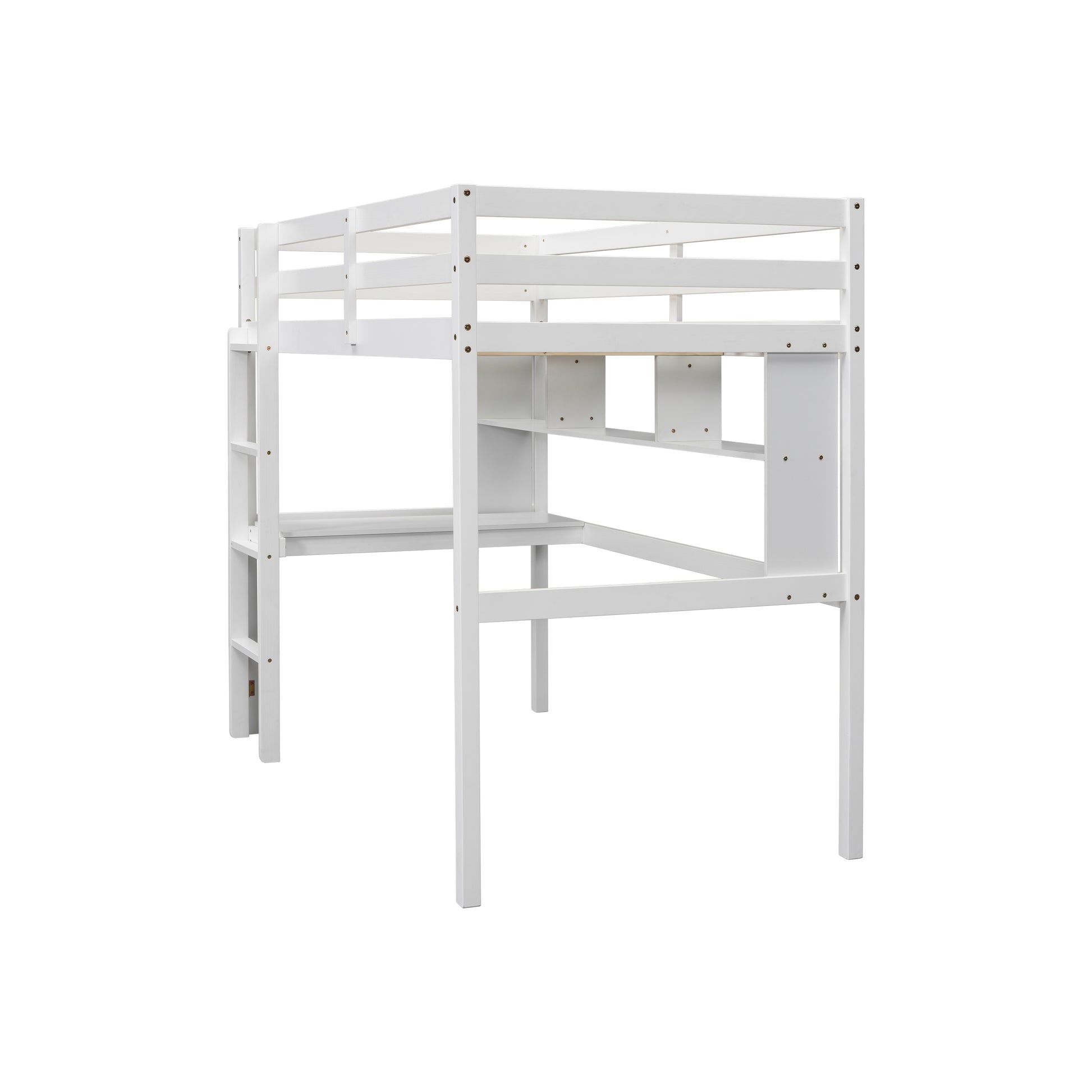 Twin Loft Bed With Built In Desk And Bookcase Of Three Compartments, Guardrails And Ladder,White Twin White Pine