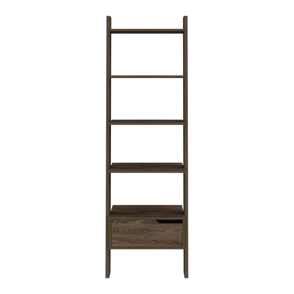 Kobe Ladder Bookcase, One Drawer, Five Open Shelves, Dark Walnut Brown Particle Board Particle Board