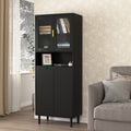 Tall Storage Show Cabinet With 2 Glass Display Door & 2 Doors, Tall Kitchen Pantry Cabinet With Gold Handles, Modern Cabinet Freestanding For Bathroom, Dining Living Room, Black Black Mdf