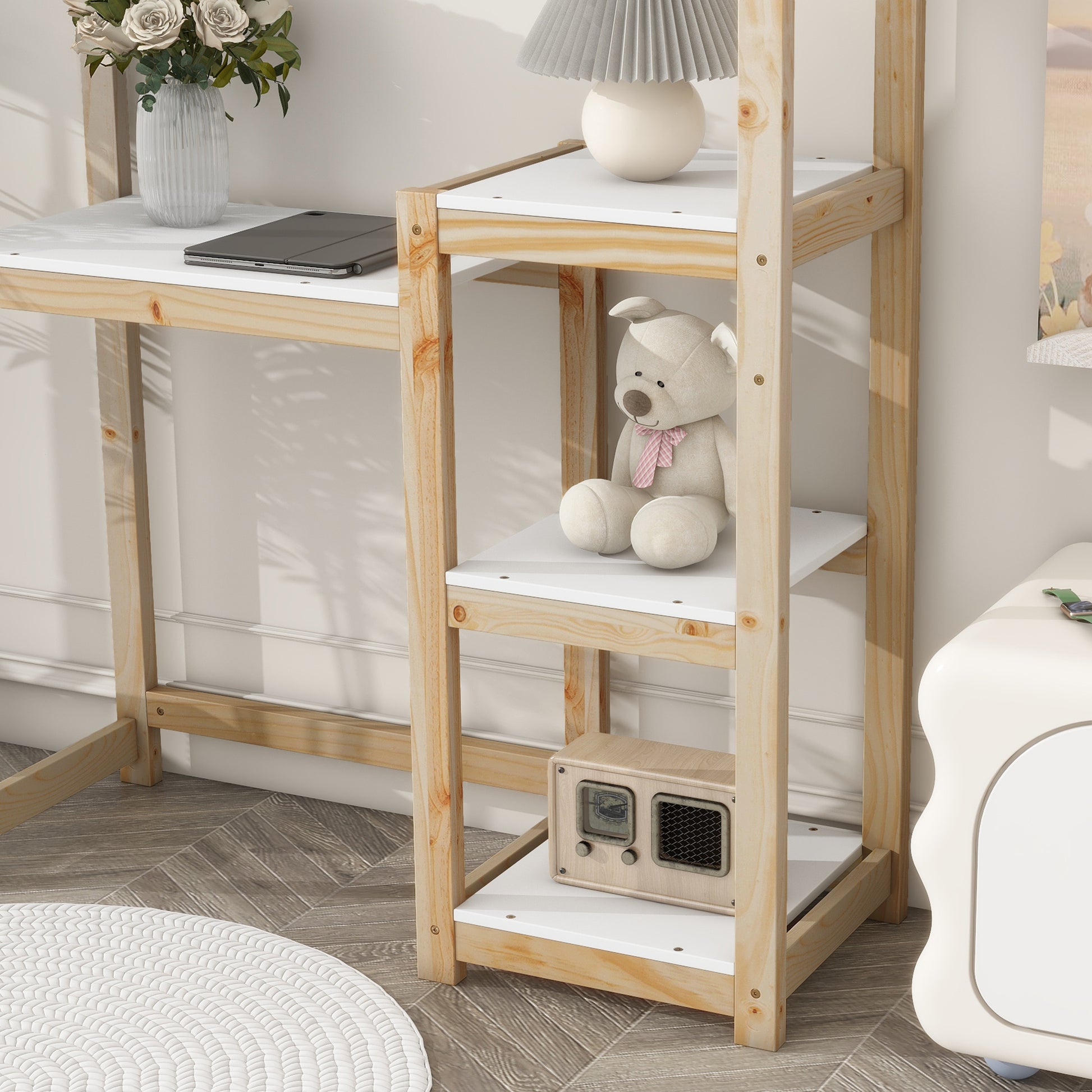 House Shaped Wooden Writing Desk,Kids Study Table,Bookshelf & Toy Storage,Natural Twin Natural American Design Pine