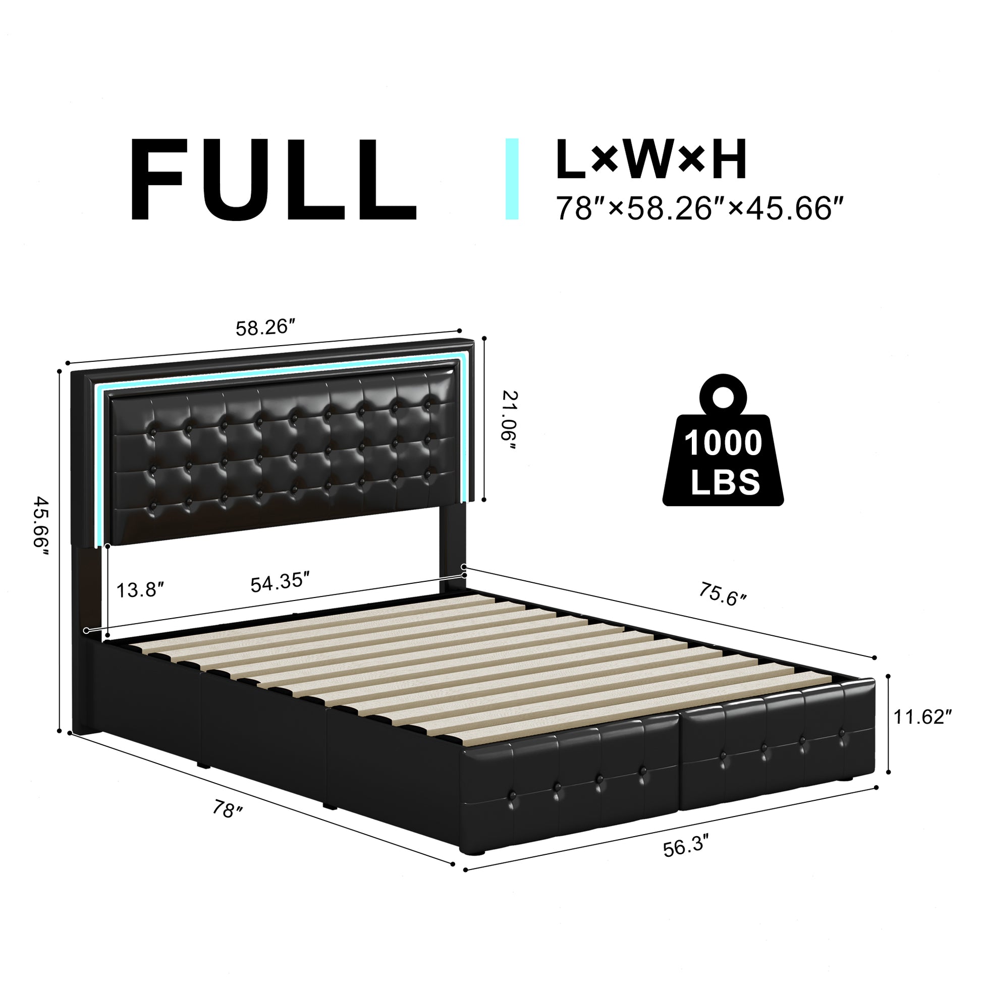 Full Size Led Bed Frame With 4 Storage Drawers, Smart Control Rgb Led Lights On Headboard,With Remote Control, Upholstered Adjustable Headbaord, Pu Leather Black Pu Mdf Metal