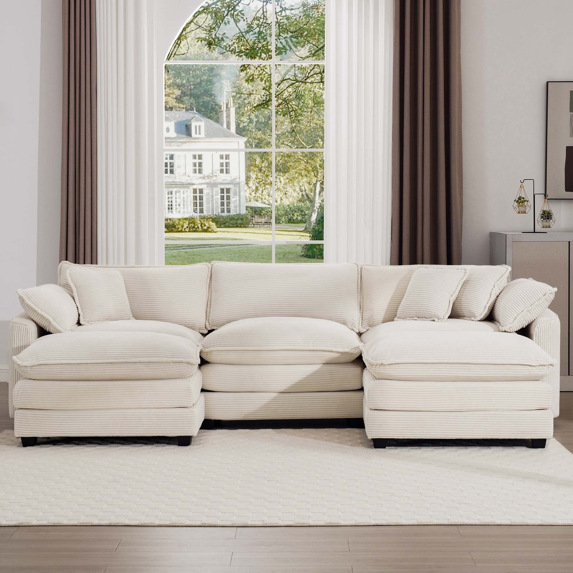 Oversized Modular Cushion Sofa With Ottomans, Comfy Upholstered U Shaped Convertible Corner Sectional Sofa Couch, Light Beige Corduroy Beige Corduroy 3 Seat