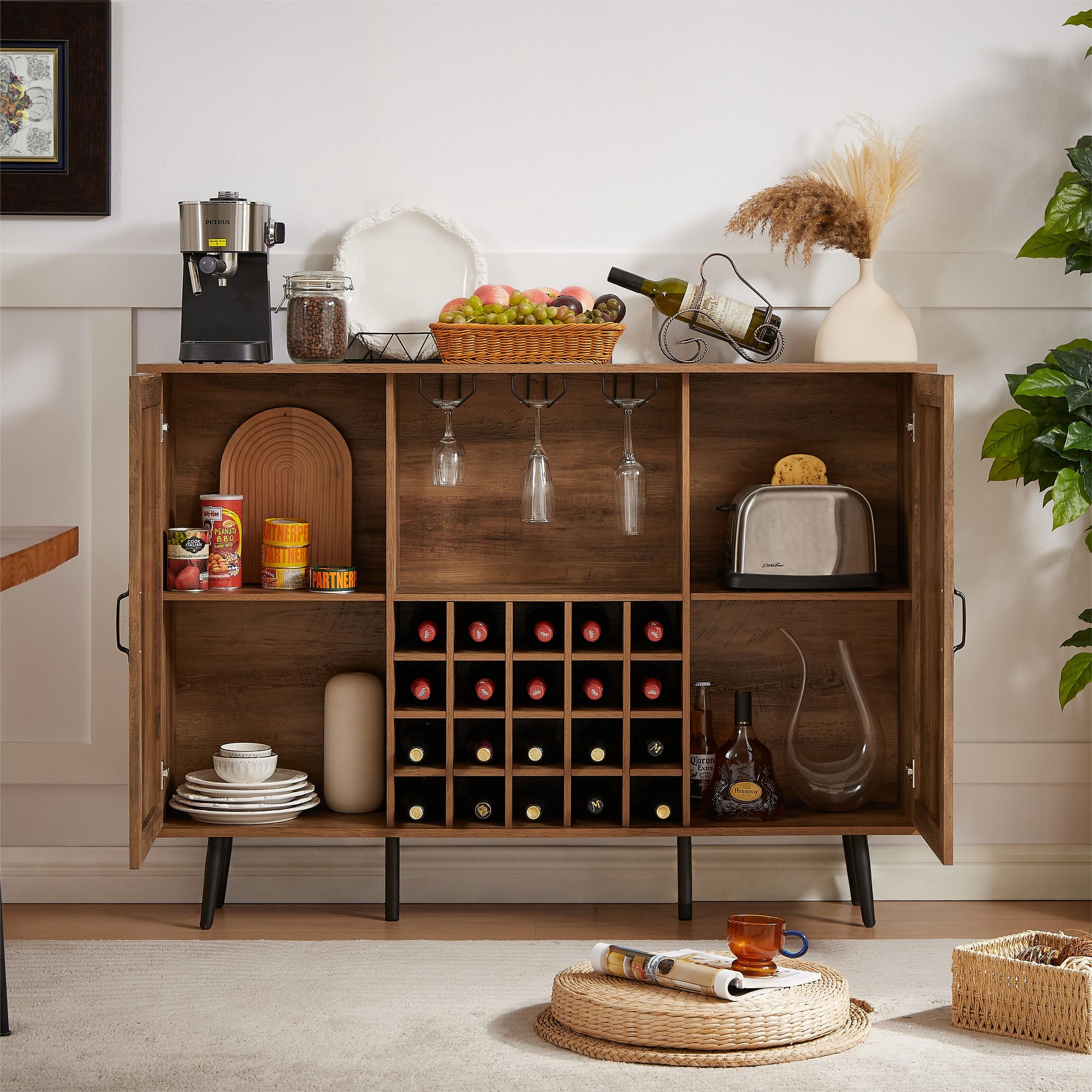 Oak Color Faux Rattan Barn Door Wine Cabinet With Wine Rack And Wine Glass Rack, Double Door Design With Removable Shelves, Rustic Wood Storage Cabinet Oak Particle Board Mdf