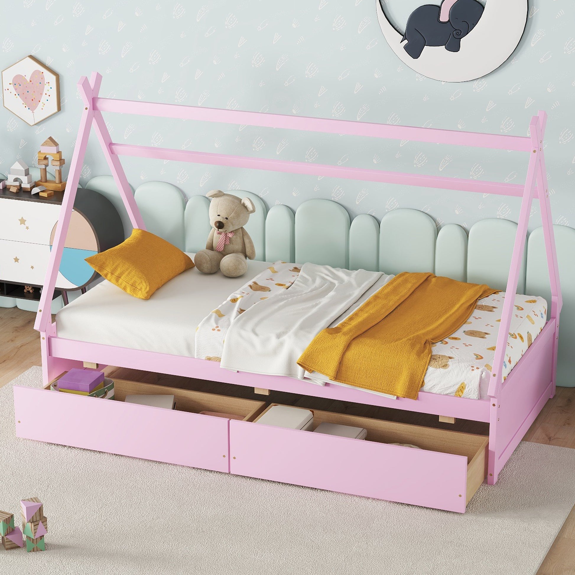 Twin Size House Platform Bed With Two Drawers,Headboard And Footboard, Pink Twin Pink Pine