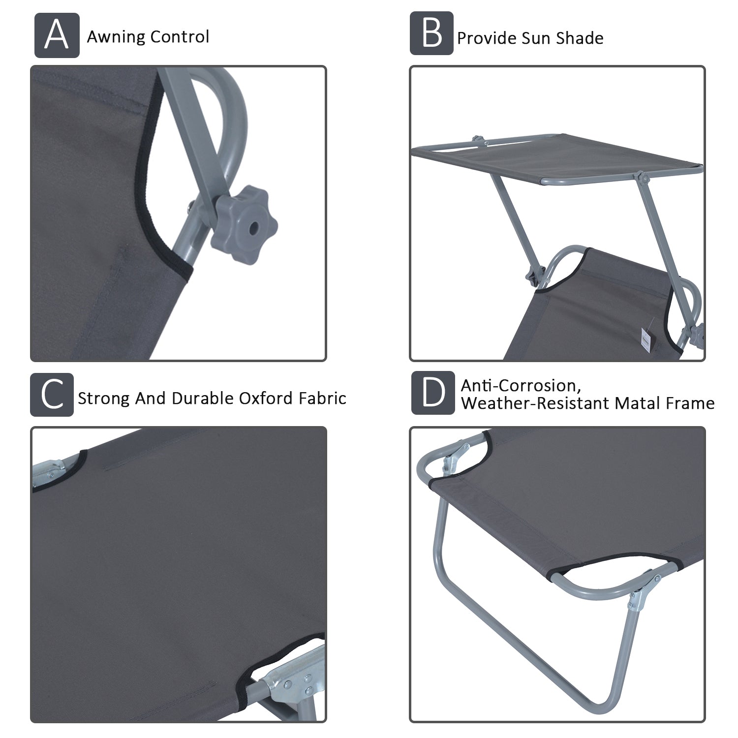 Outsunny Outdoor Lounge Chair, Adjustable Folding Chaise Lounge, Tanning Chair With Sun Shade For Beach, Camping, Hiking, Backyard, Gray Gray Steel