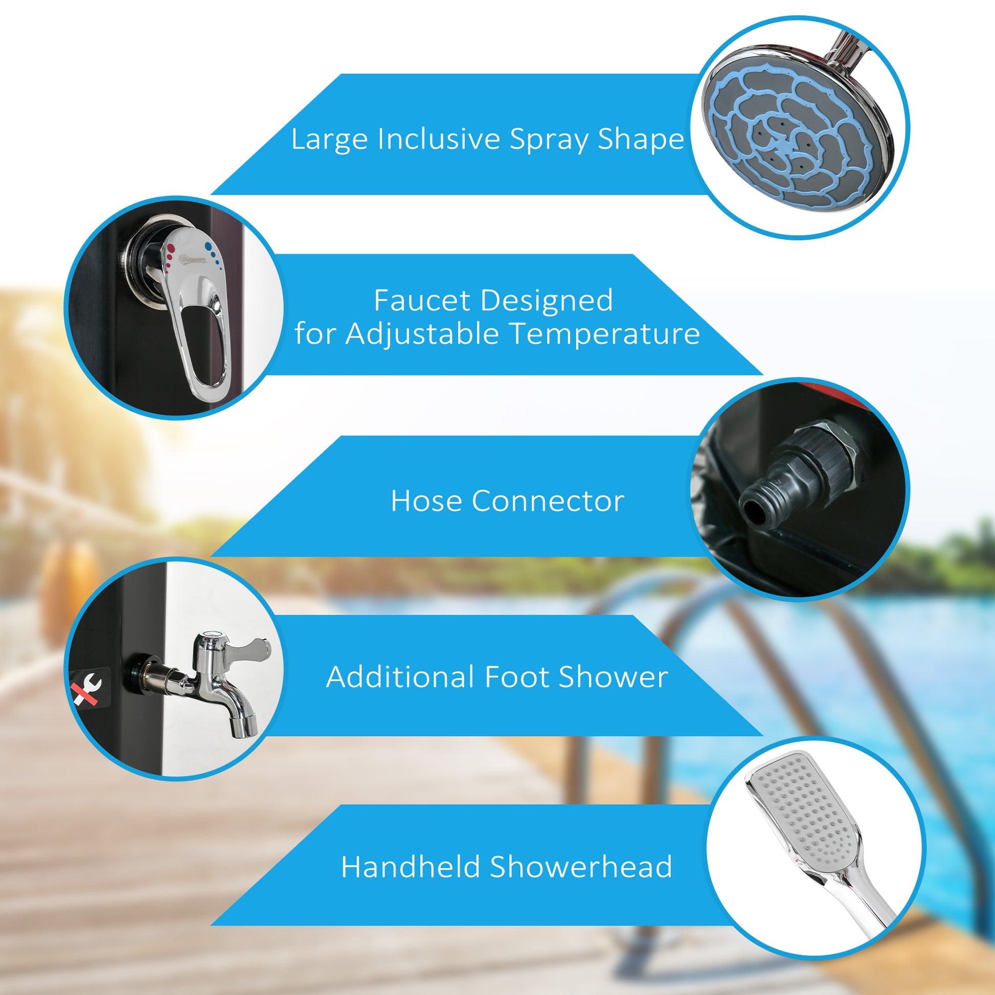 Outsunny 7' Outdoor Solar Heated Shower With 360 Rotating Rainfall & Handheld Shower Head, Foot Shower Faucet, Temperature And Pressure Adjustable, Holds 9.2 Gallons For Backyard Pool Black Plastic