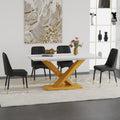 Table And Chair Set.The Table Is Equipped With A Marble Patterned Mdf Tabletop And Gold Table Legs.Paired With 4 Chairs With Pu Cushions And Black Metal Legs. Black Gold Seats 4 Mdf Metal