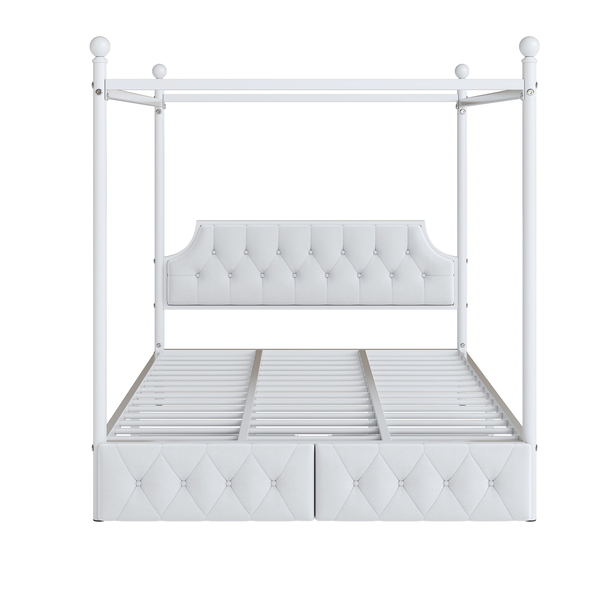 Queen Size Metal Canopy Platform Bed With Upholstered Headboard And Two Storage Drawers, White Queen White Metal