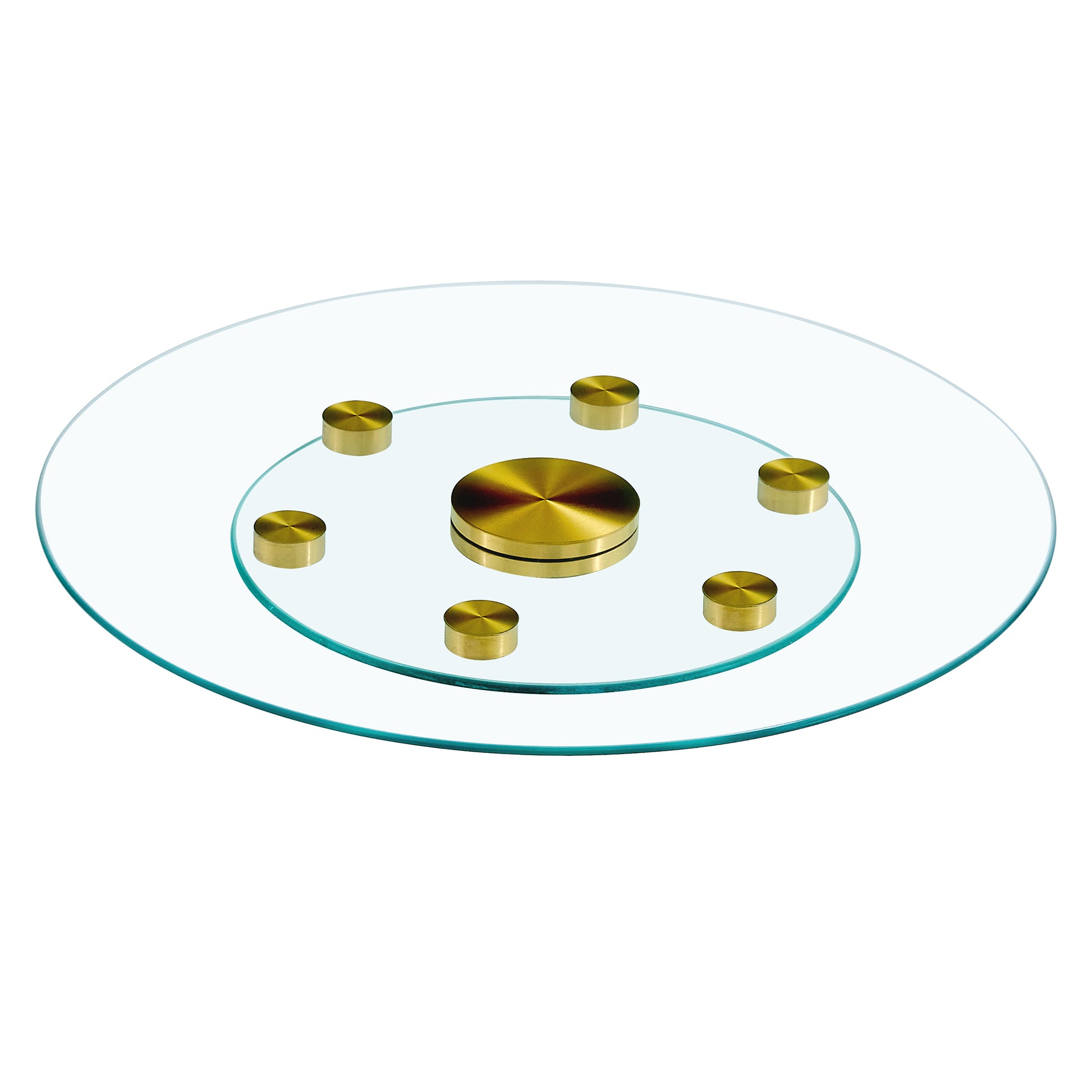 Double Layer Rotatable Round Glass.Golden Aluminum Plate,The Rotatable Design Makes It Convenient To Retrieve And Place Items.The Upper Glass Has A Diameter Of 24 Inches, The Lower Glass15 Inches.