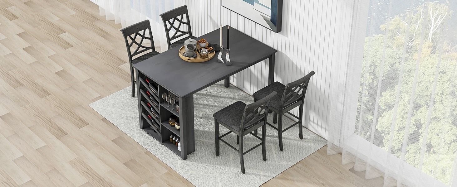 Updated Counter Height 5 Piece Solid Wood Dining Table Set, 59*35.4Inch Table With Curved Wine Rack And 4 Upholstered Chairs, Grey Wood Dining Room Solid Wood Rubberwood Rectangular Dining Table With Chair Wood Wood Grey Solid Back Seats 4 Farmhouse 4