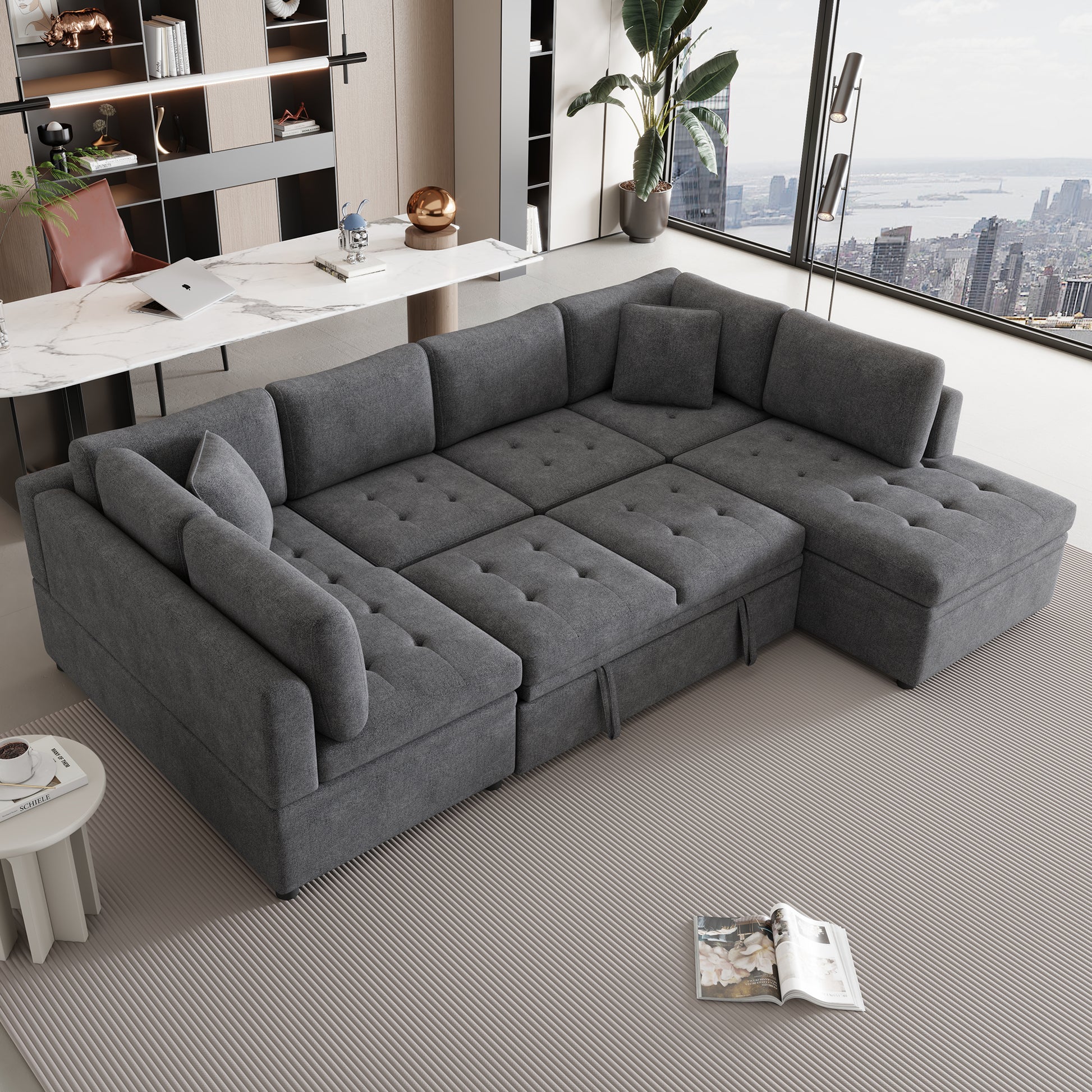 117.3" Oversized Sectional Sofa U Shaped Sofa Couch Pull Out Sofa Bed With Two Throw Pillows For Living Room, Gray Gray Foam Chenille 4 Seat