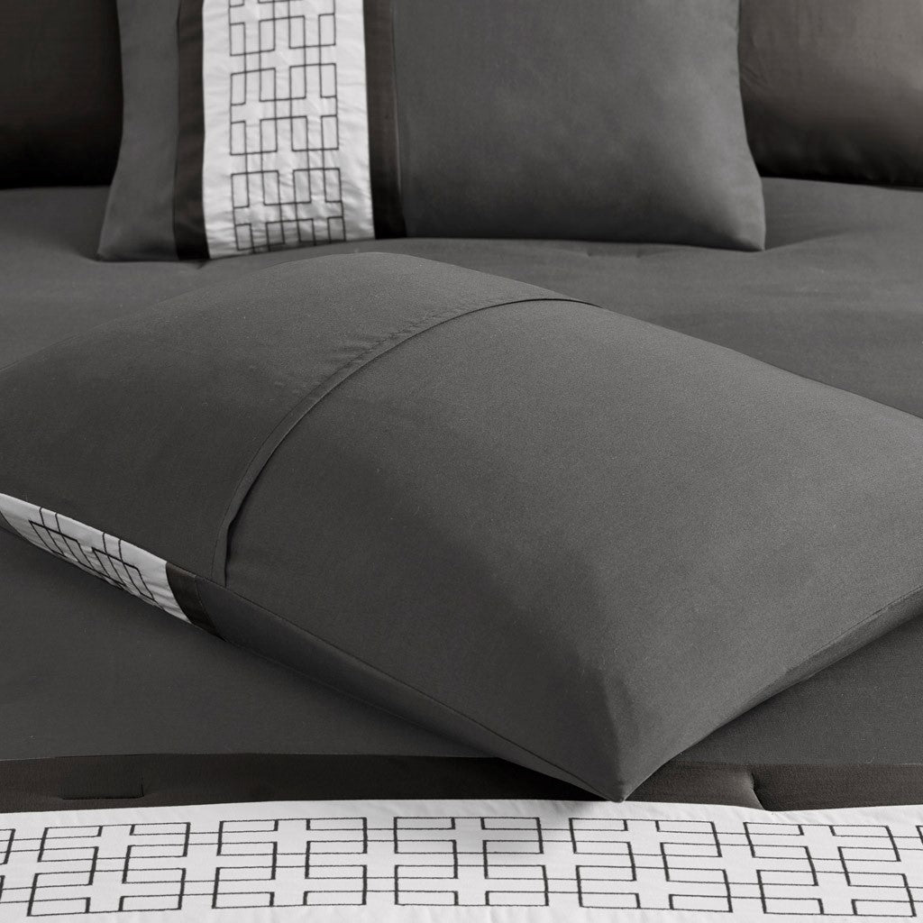 8 Piece Embroidered Comforter Set Dark Grey Queen Dark Grey Polyester