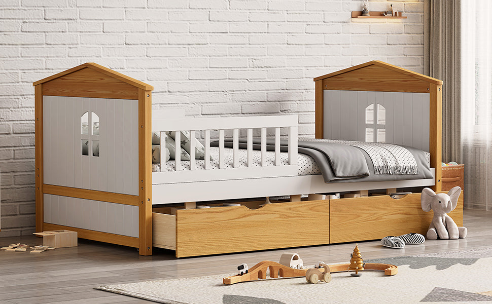 Twin Size House Shape Bed With Two Drawers Wooden Bed For Girls Boys Teens, No Box Spring Needed, Walnut And White Box Spring Not Required Twin White Walnut Wood Bedroom Cute Pine Bed Frame Wood