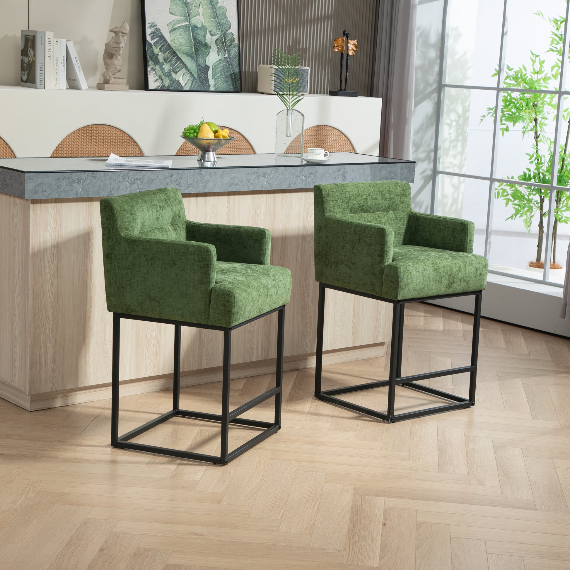 Coolmore Counter Height Bar Stools Set Of 2, Modern Barrel Bar Stool With Backrest And Arms, Black Metal Frames, Upholstered Bar Stools For Kitchen Island, Pub, Club Green Foam Chenille